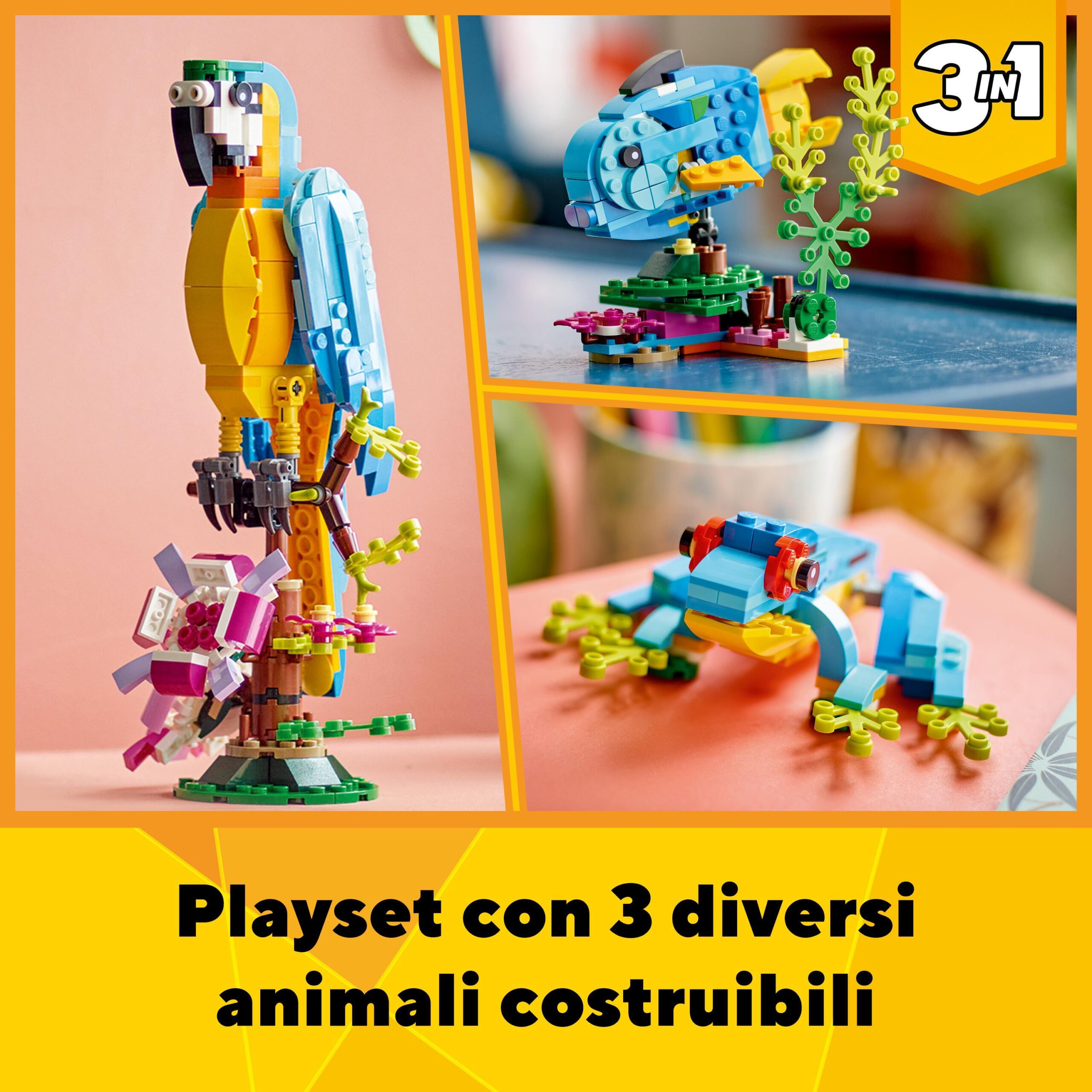 Lego creator 31136 pappagallo esotico, set 3 in 1 con pesce e rana, animali giocattolo, giochi creativi per bambini da 7 anni - LEGO CREATOR