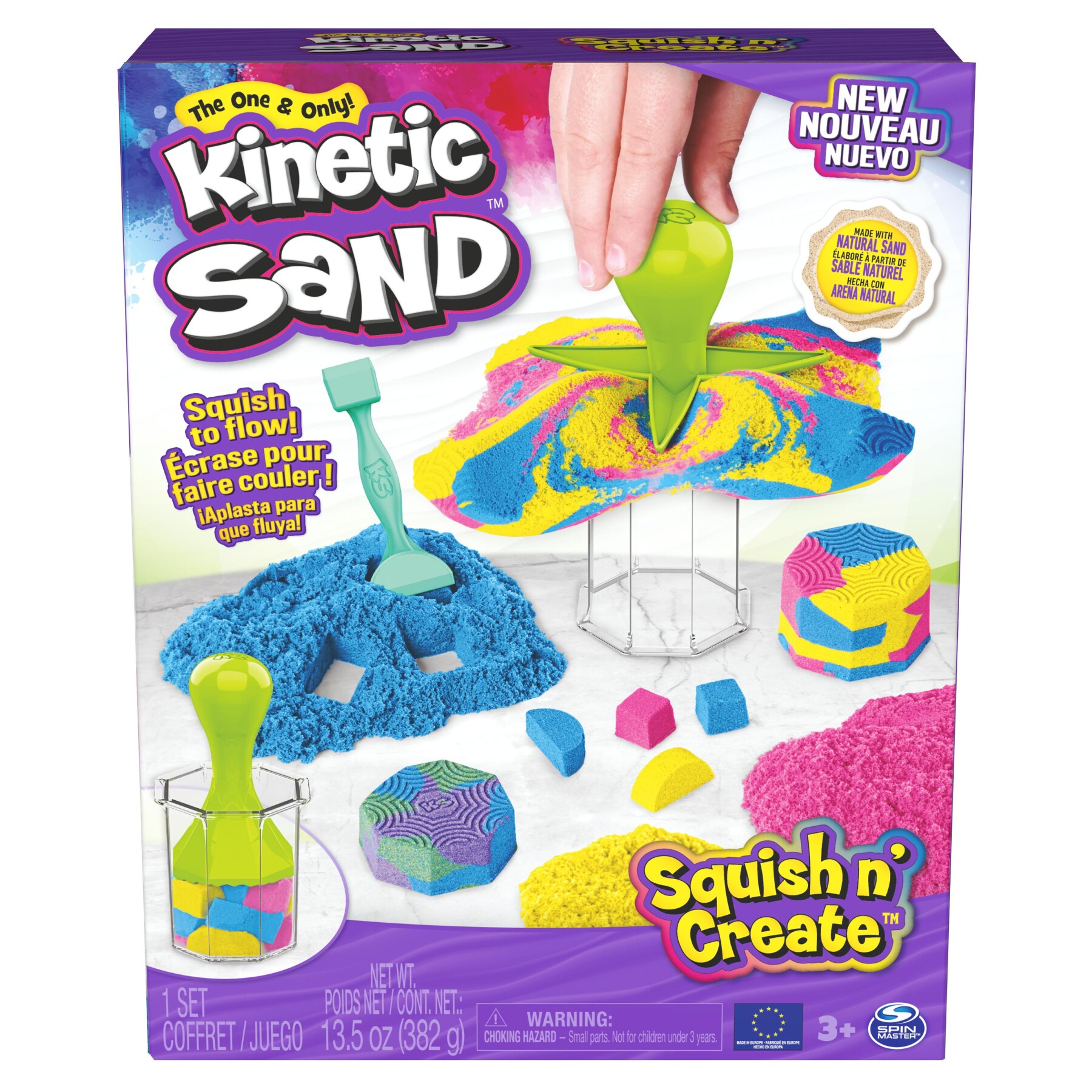 Kinetic sand, set gioco squish n’ create, sabbia colorata in 3 variazioni, sabbia cinetica 382 g, 5 accessori per modellare la sabbia, giocattoli per bambini e bambine 3 anni - KINETIC SAND