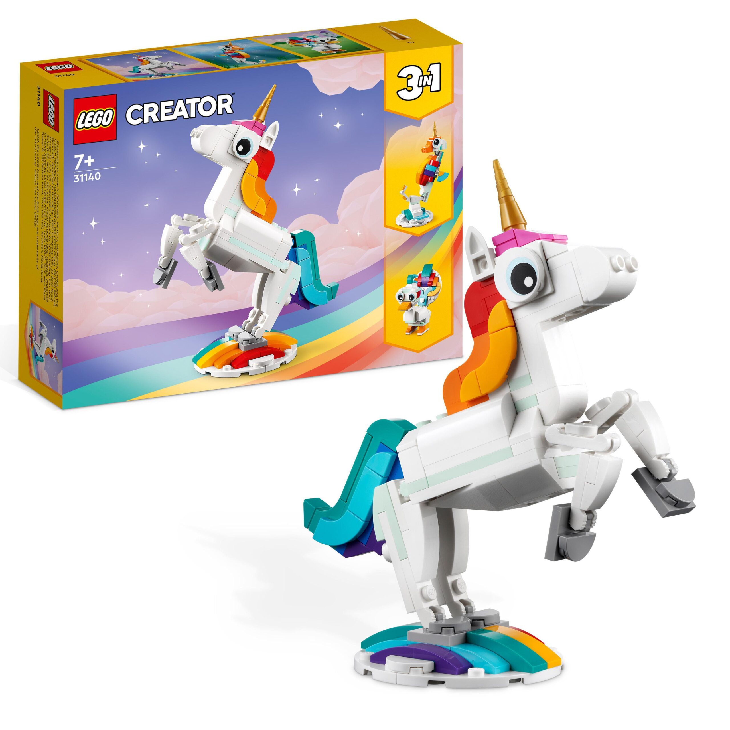 Lego creator 31140 unicorno magico con arcobaleno, set 3 in 1 con animali giocattolo fantastici, cavalluccio marino e pavone - LEGO CREATOR