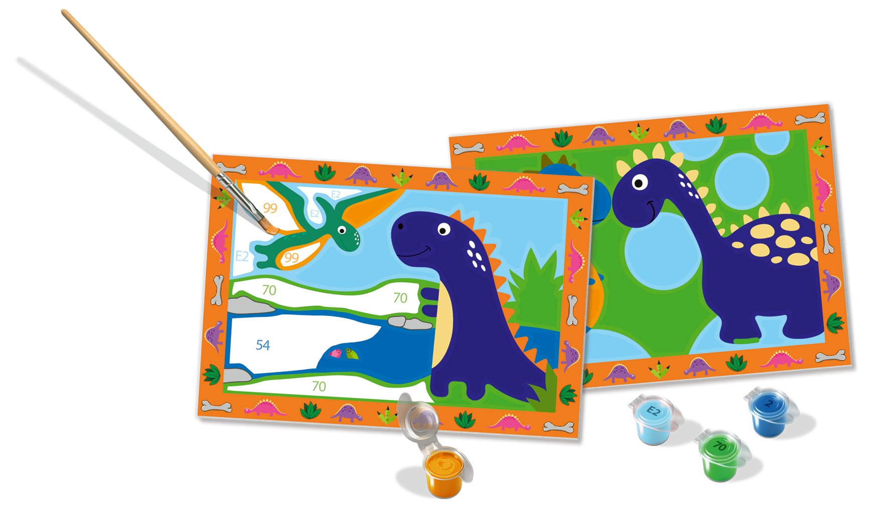 Ravensburer - creart serie junior, dinosauri, kit dipingere con i numeri, contiene 2 tavole prestampate, pennello, colori, gioco creativo per maschi e femmine dai 5+ anni di età - RAVENSBURGER