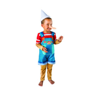 Costume di pinocchio con tutina stampata con  pantaloncino e manica lunga, cappellino e naso lungo. - 