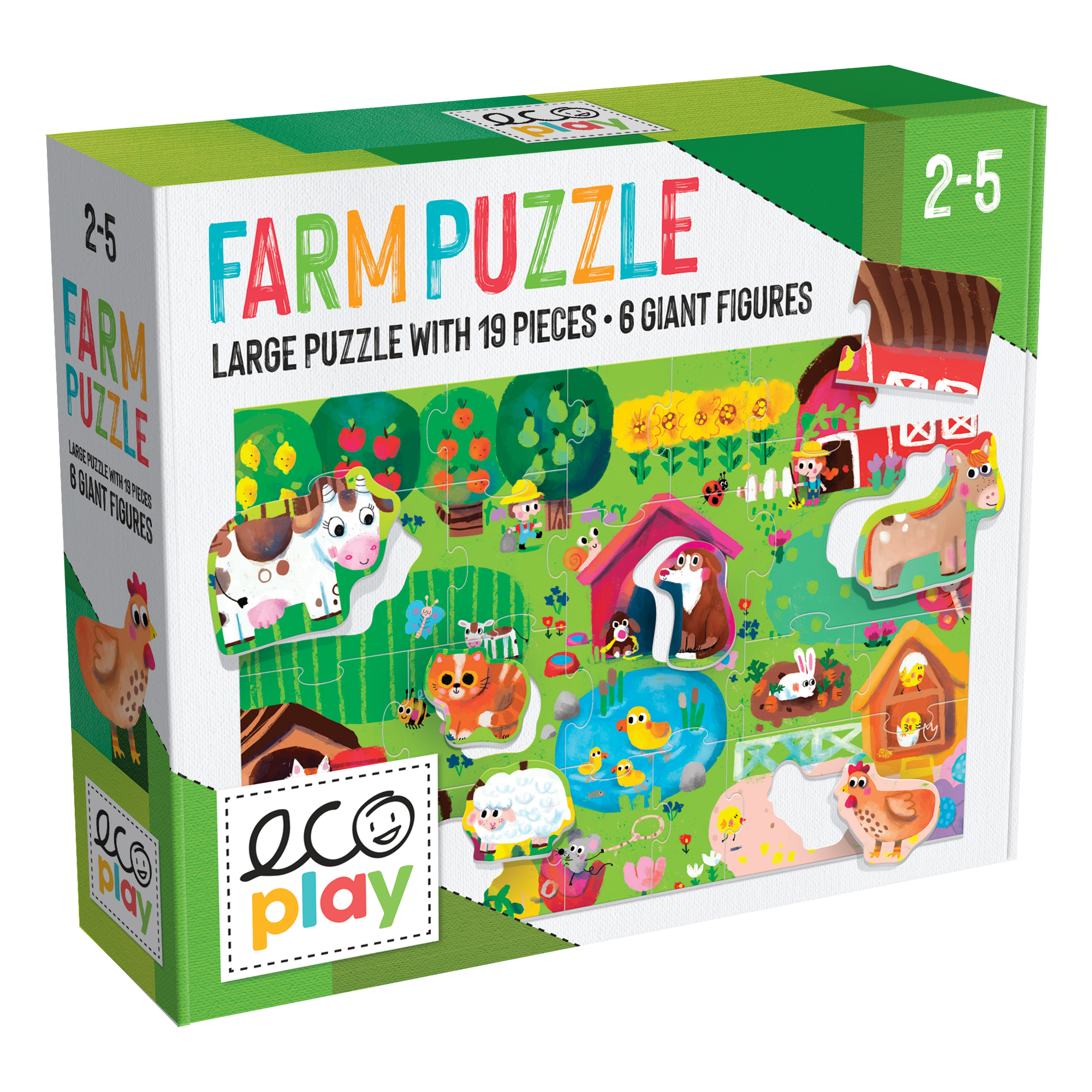 Maxi shaped puzzle farm. 19 pezzi con 6 grandi sagome. ecoplay.	2-5 anni - HEADU