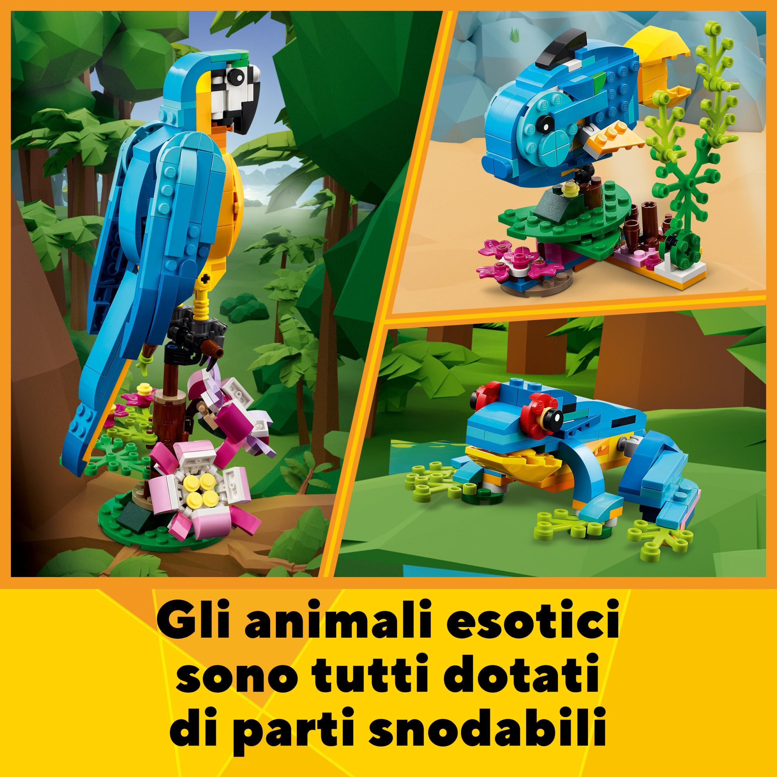 Lego creator 31136 pappagallo esotico, set 3 in 1 con pesce e rana, animali giocattolo, giochi creativi per bambini da 7 anni - LEGO CREATOR