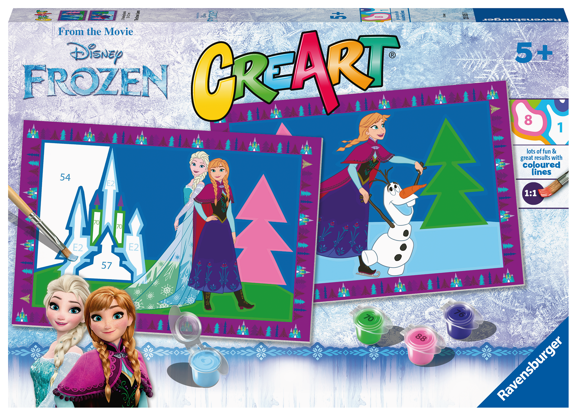 Ravensburer - creart serie junior, disney frozen, kit dipingere con i numeri, contiene 2 tavole prestampate, pennello, colori, gioco creativo per maschi e femmine dai 5+ anni di età - DISNEY PRINCESS, RAVENSBURGER, Frozen