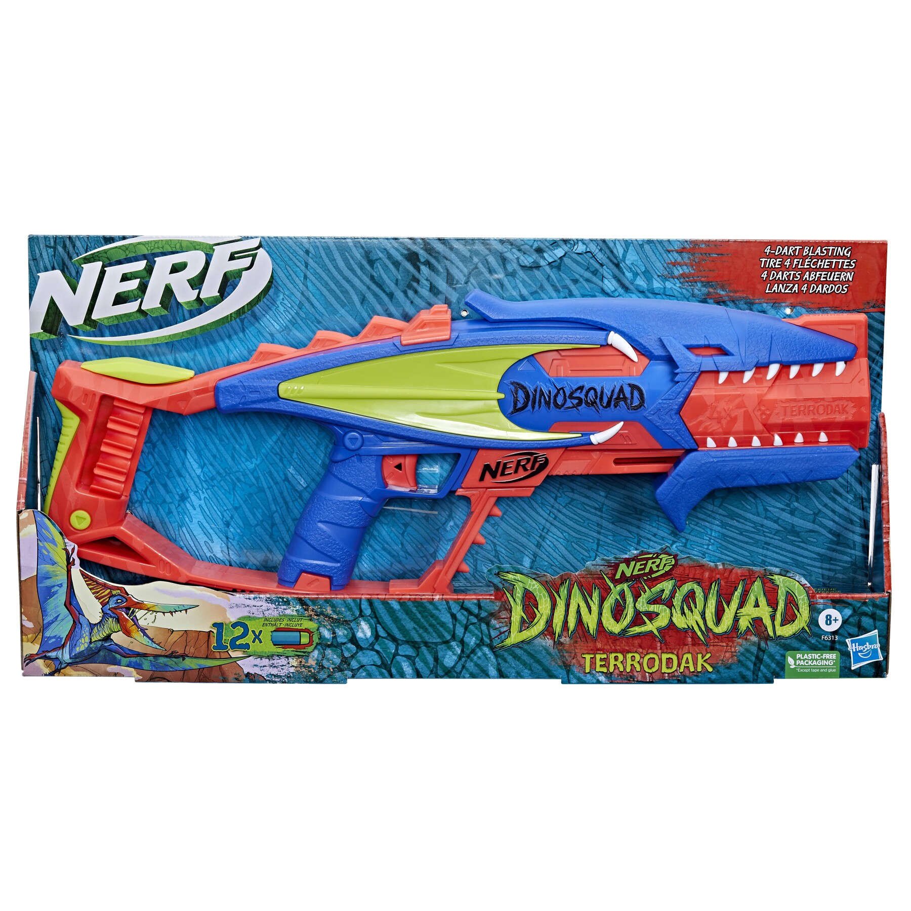 Nerf dinosquad - terrodak, 12 dardi nerf elite, design a forma di dinosauro, blaster nerf in gommapiuma da 4 dardi per giochi all'aperto - NERF