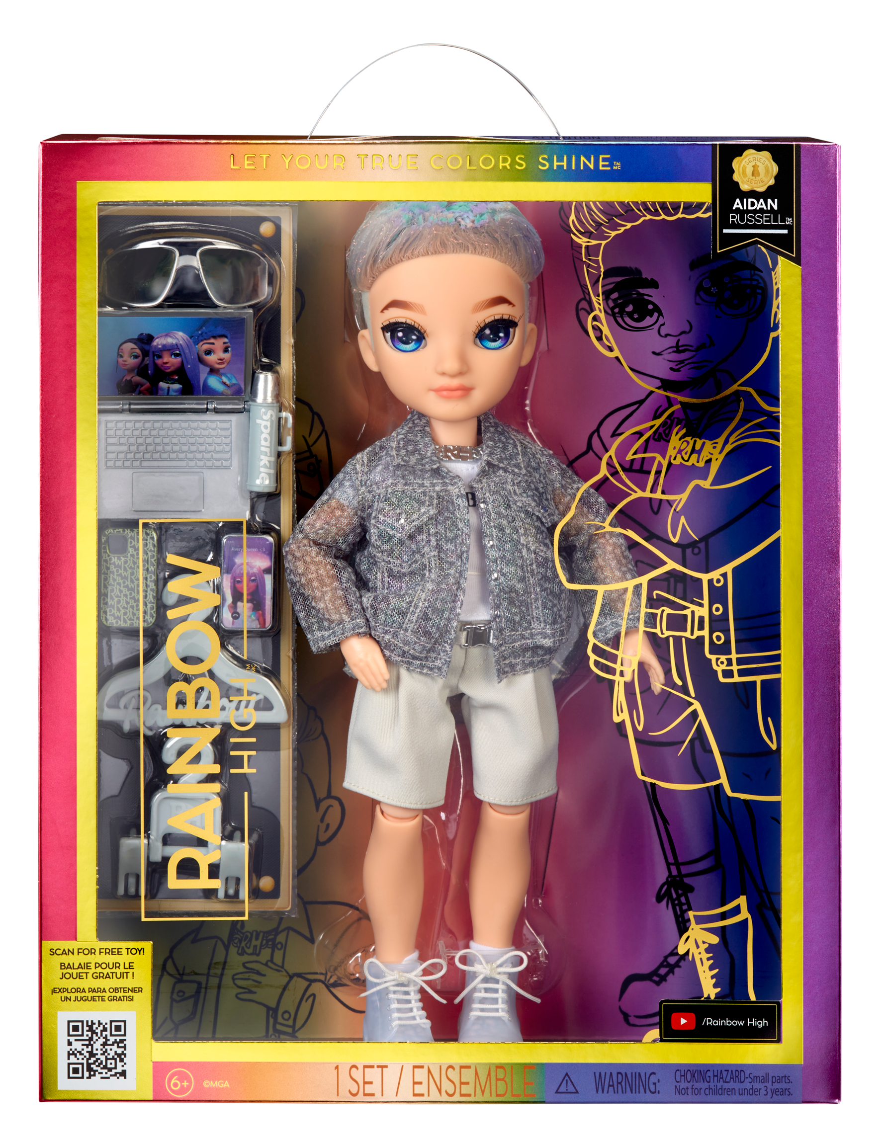 Rainbow high fashion doll serie 5: aidan russel. bambola con vestito alla moda e oltre 10 accessori di gioco colorati - Rainbow High