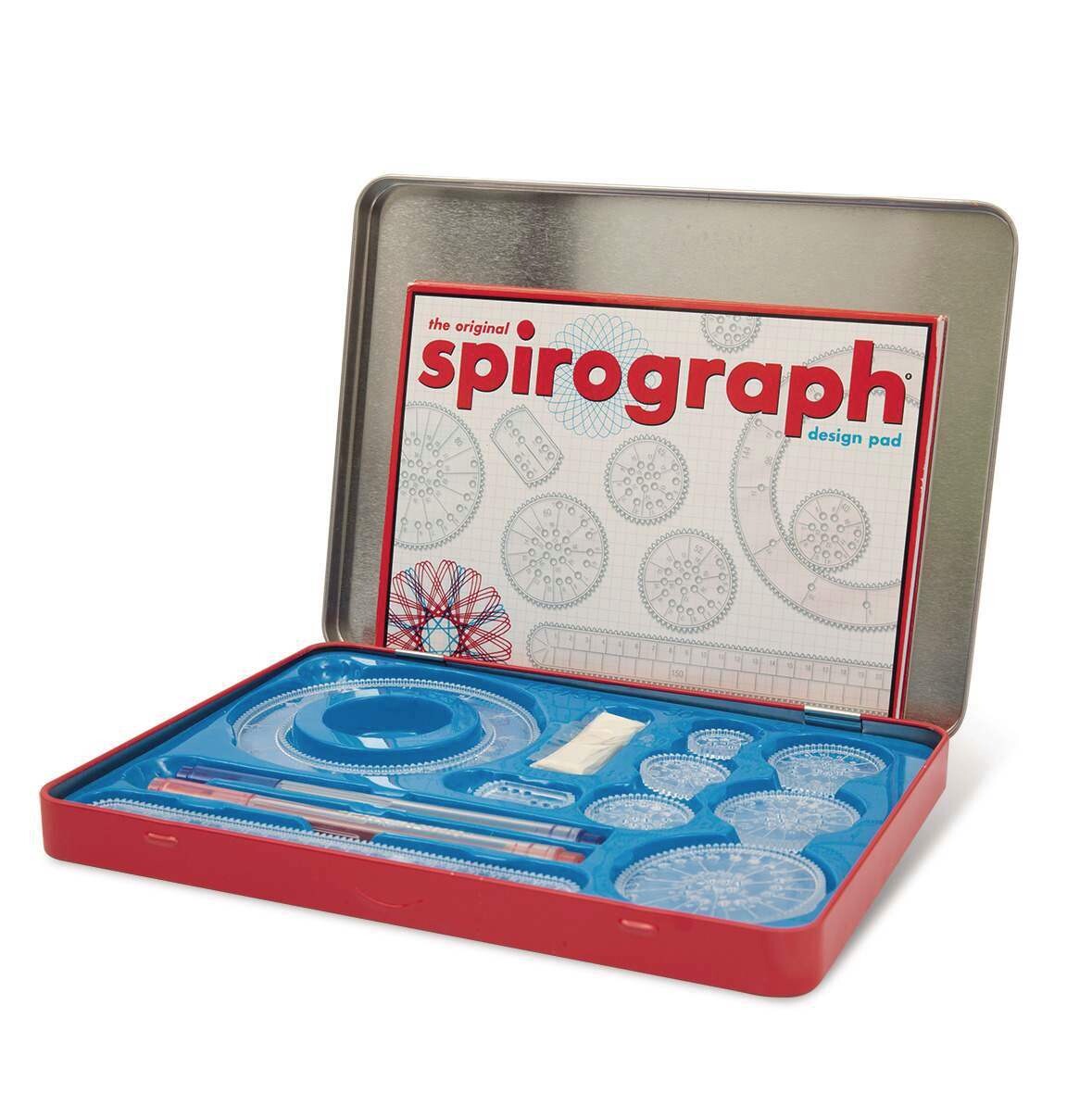 Grandi giochi- spirograph scatola metallo- set valigetta di latta con 15 accessori di precisione - 