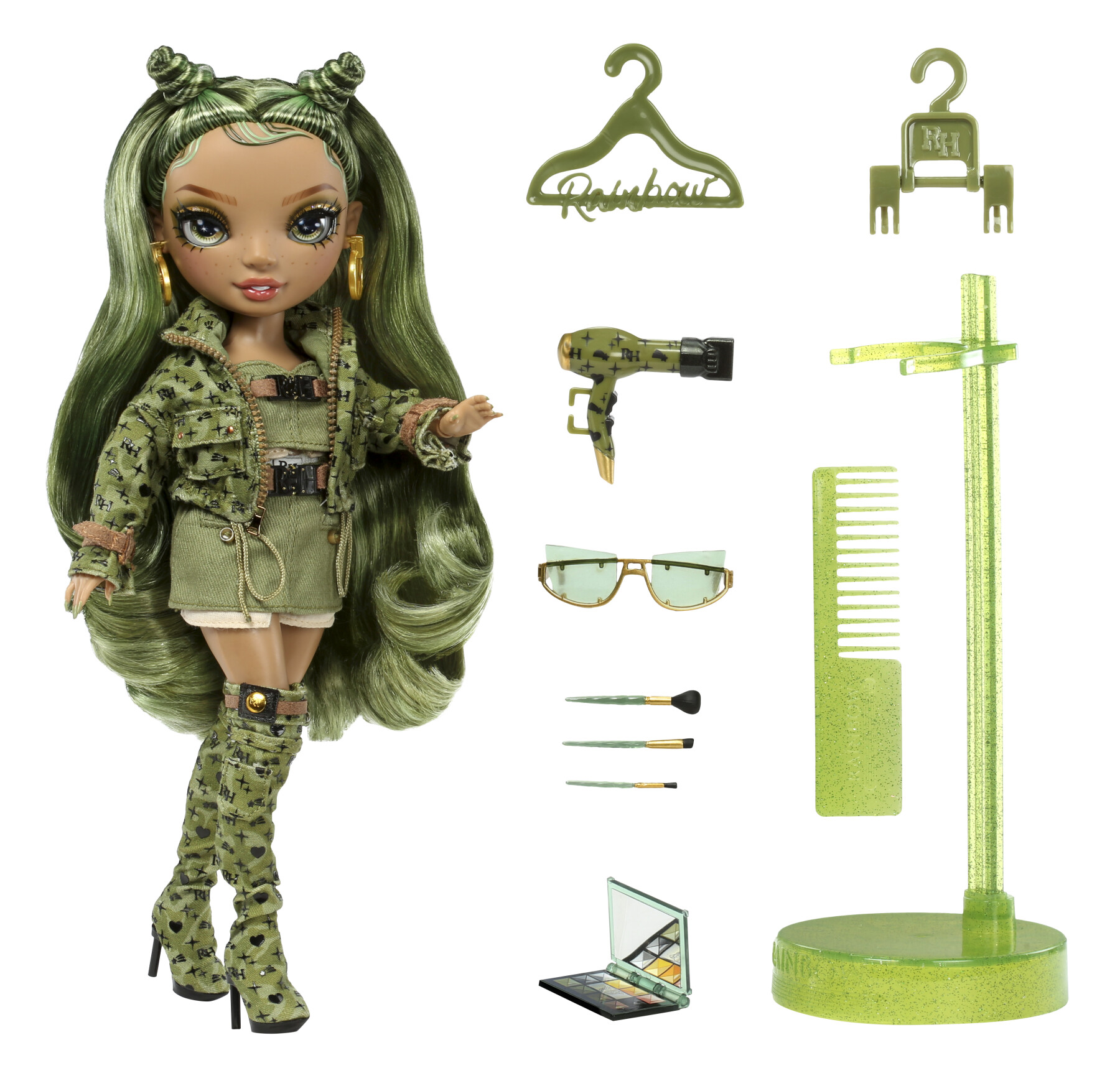 Rainbow high fashion doll serie 5: olivia woods. bambola verde mimetico con vestito alla moda e oltre 10 accessori di gioco colorati. - Rainbow High