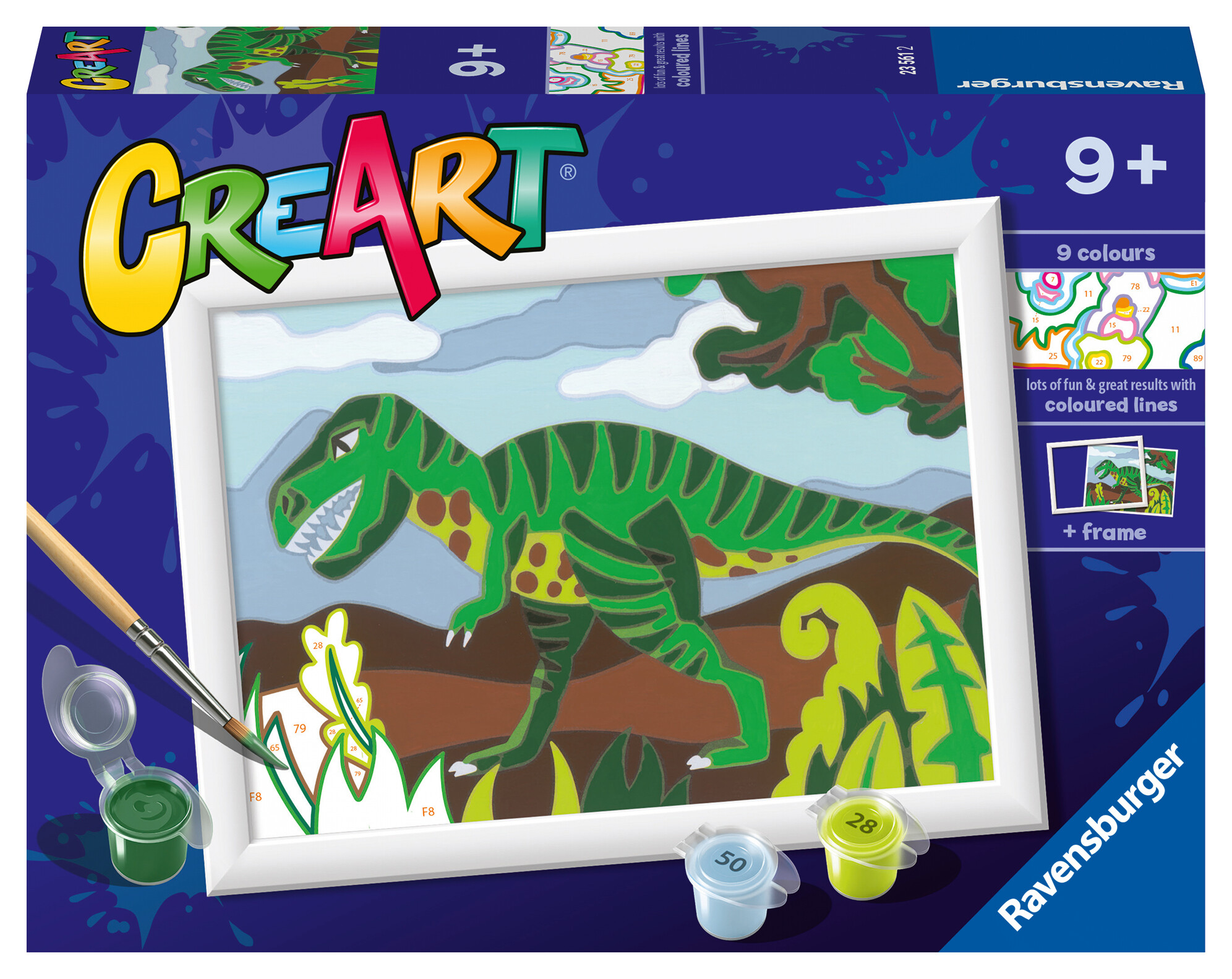 Ravensburger - creart serie e: dinosauro affamato, kit per dipingere con i numeri, contiene una tavola prestampata, pennello, colori e accessori, gioco creativo per bambini 9+ anni - CREART