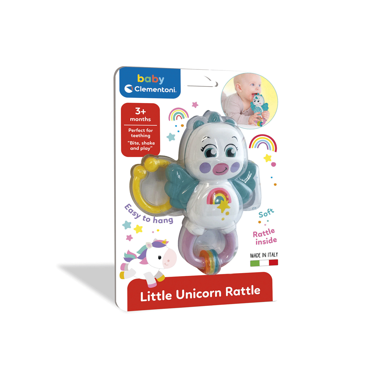 Baby clementoni - little unicorn rattle - sonaglino neonato con massaggiagengive - BABY CLEMENTONI