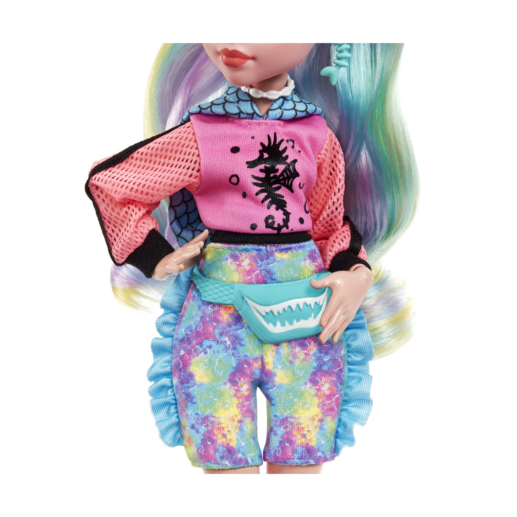 Monster high - lagoona blue, bambola snodata alla moda e capelli con ciocche colorate, con accessori e cucciolo di piranha, giocattolo per bambini, 4+ anni, hhk55 - Monster High