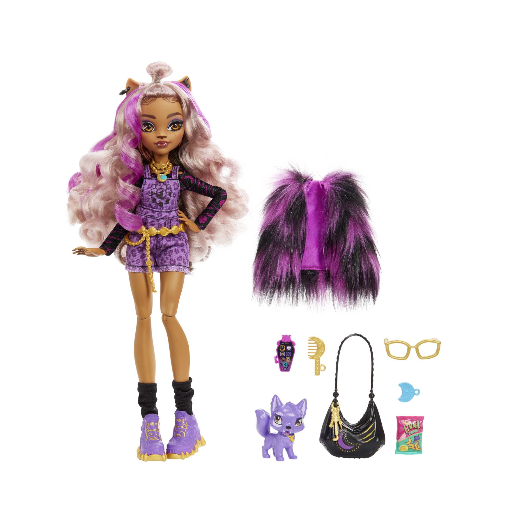 Monster high - clawdeen, bambola con accessori e gattino, snodata e alla moda con capelli con ciocche viola, giocattolo per bambini, 4+ anni, hhk52 - Monster High