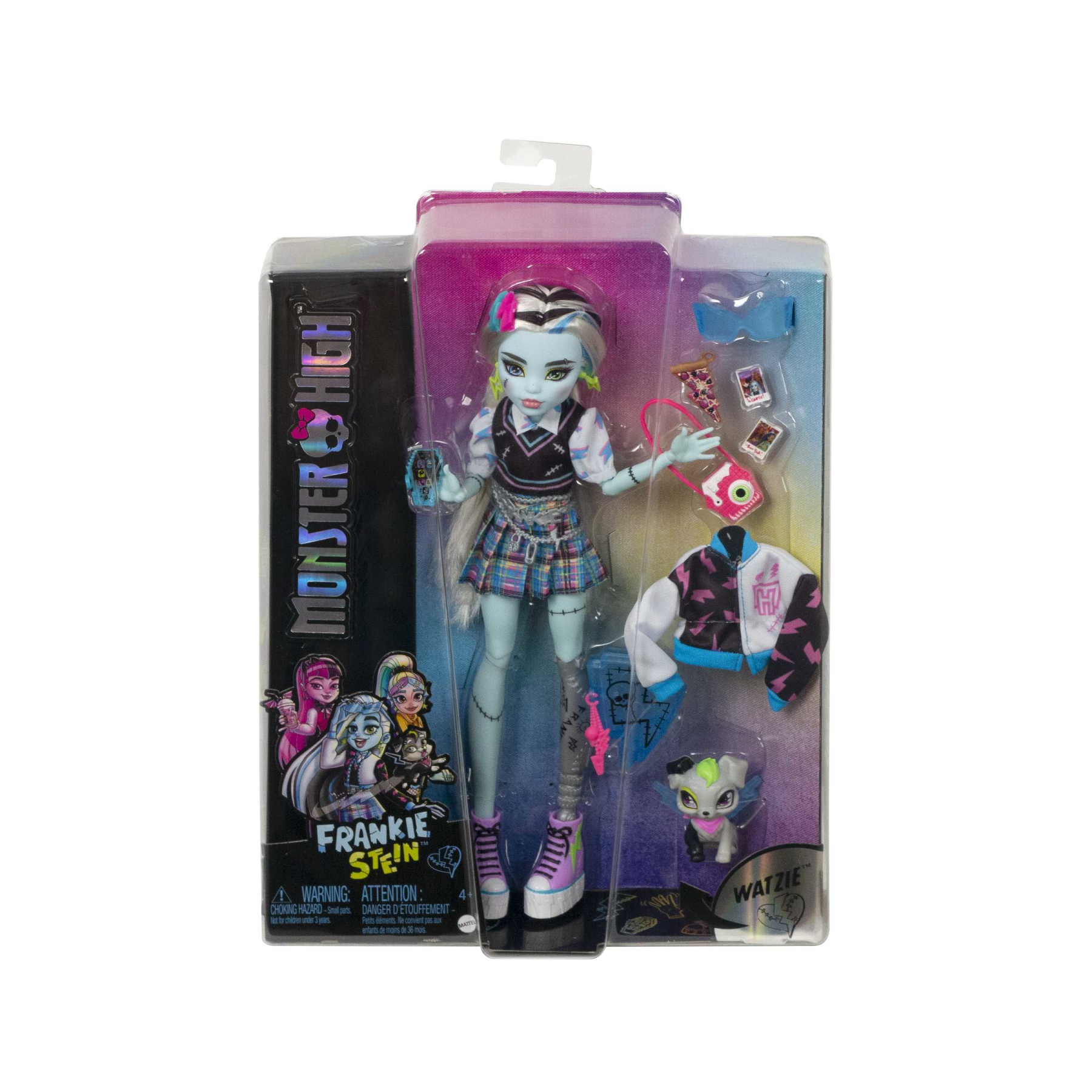 Monster high - frankie, bambola snodata alla moda, dai capelli con ciocche blu e nere, con accessori e cucciolo, giocattolo per bambini, 4+ anni, hhk53 - Monster High