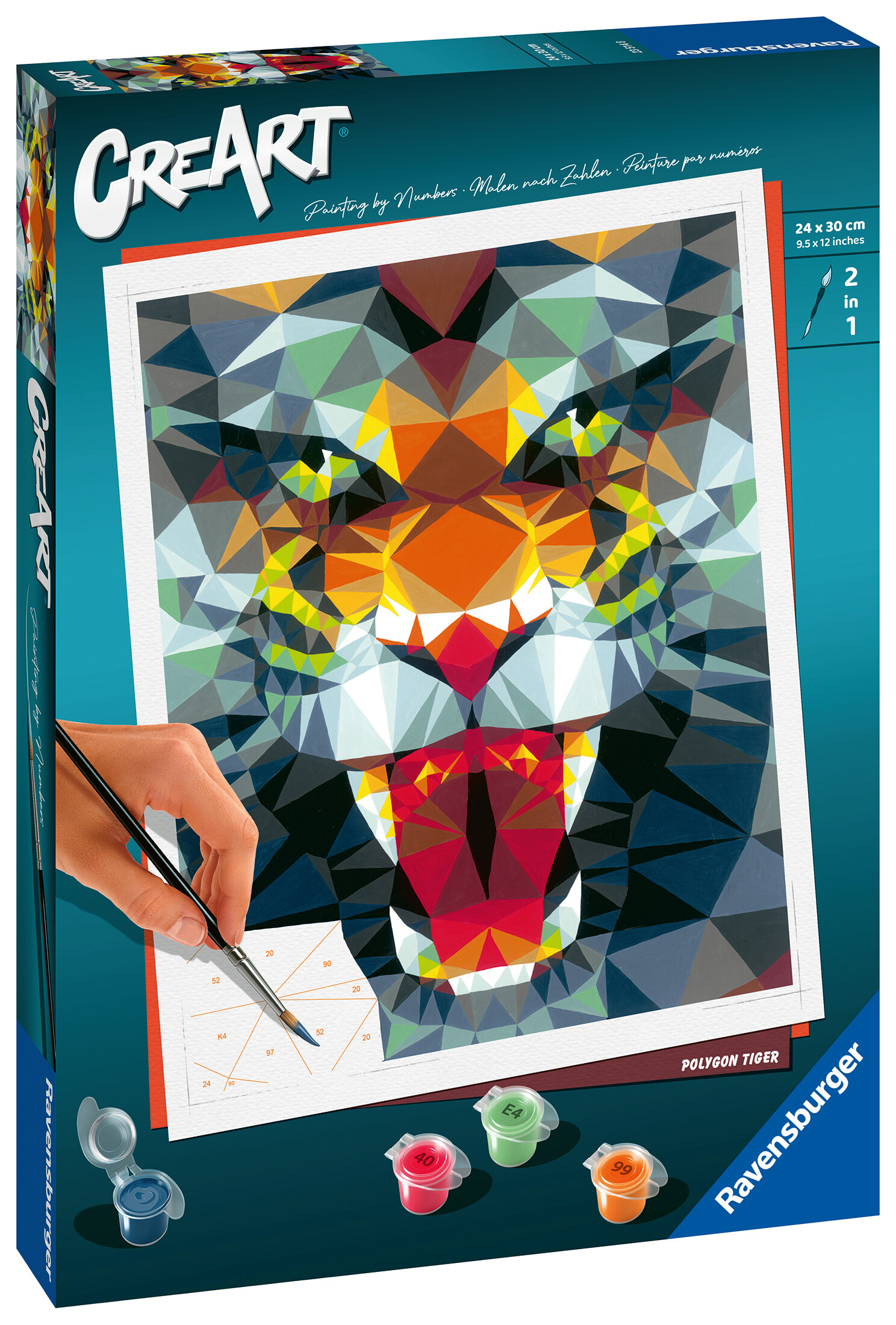 Ravensburger - creart tigre stile poligono, kit per dipingere con i numeri, contiene tavola prestampata 24x30 cm, pennello, colori e accessori, gioco creativo e relax per adulti 14+ anni - CREART