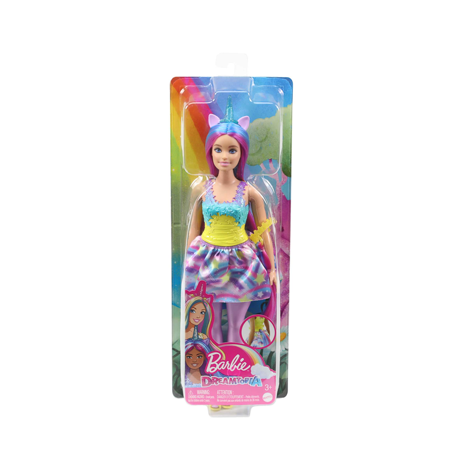 Barbie - dreamtopia unicorno bambola curvy, capelli blu e viola con gonna, coda e cerchietto da unicorno rimovibili, giocattolo per bambini, 3+ anni, hgr20 - Barbie