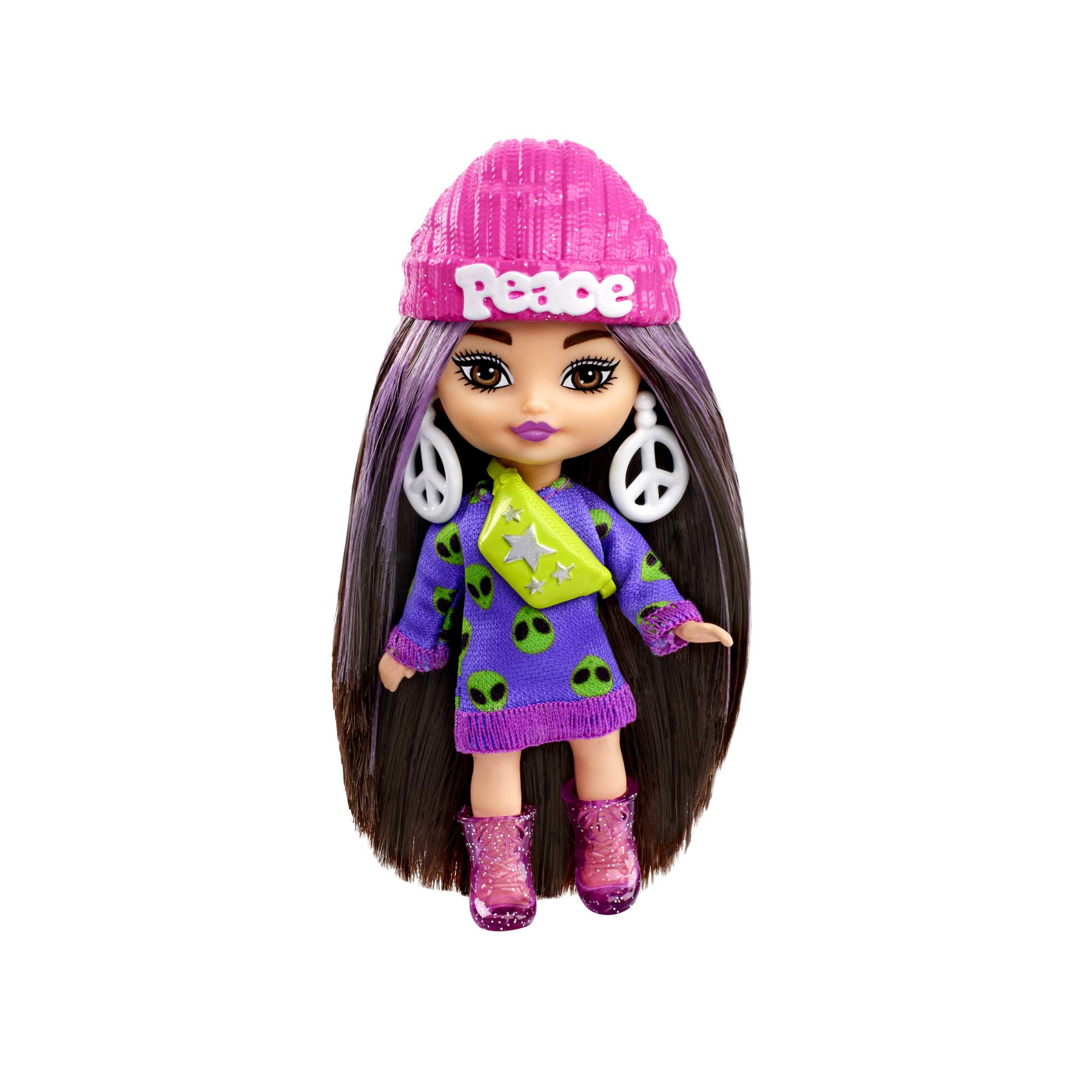 Barbie - barbie extra mini minis, bambola con capelli castani e abito di maglia con alieno, abiti e accessori con simbolo della pace, giocattolo per bambini, 3+ anni, hln46 - Barbie