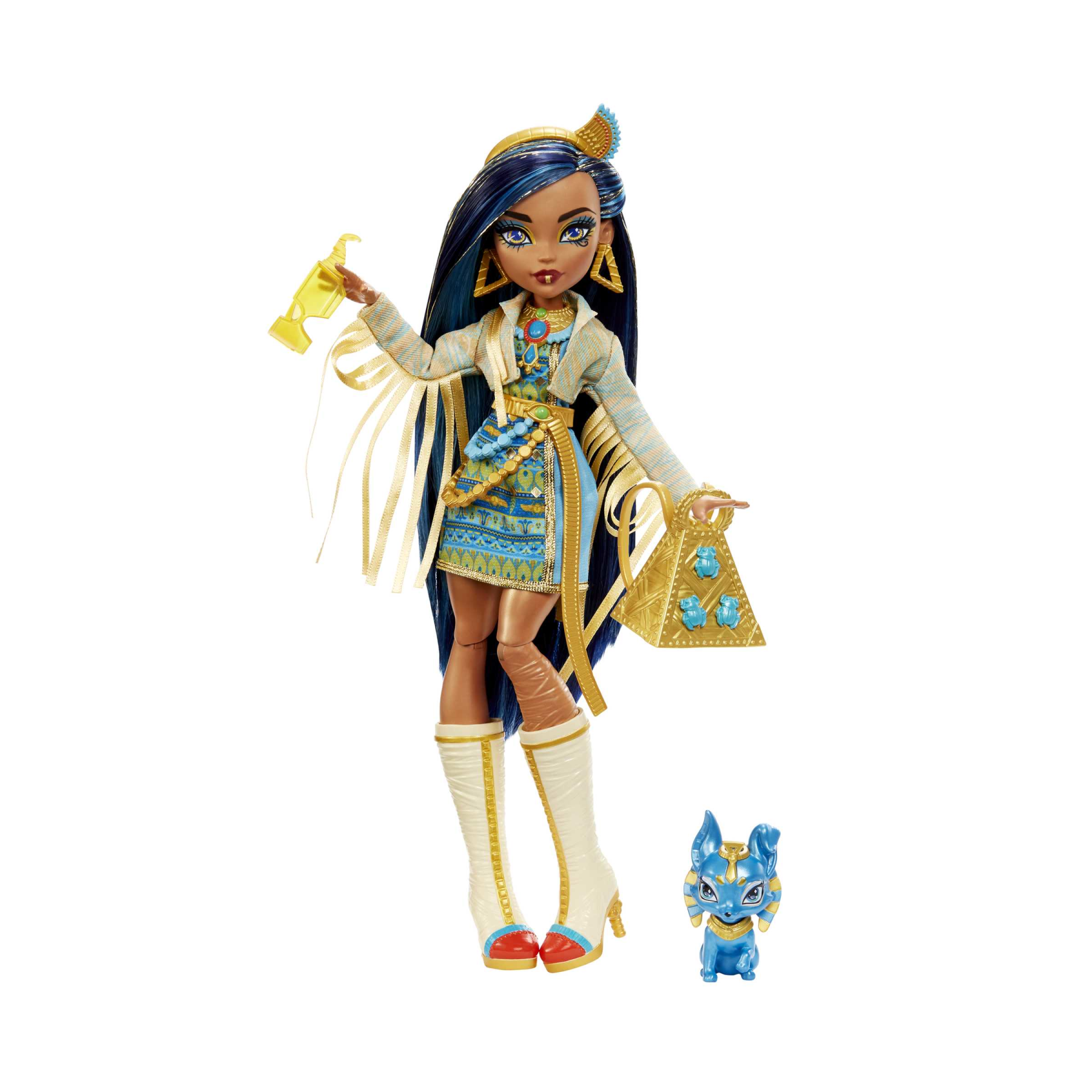 Monster high - cleo de nile, bambola snodata alla moda, dai capelli con ciocche blu, con accessori e cagnolino, giocattolo per bambini, 4+ anni, hhk54 - Monster High