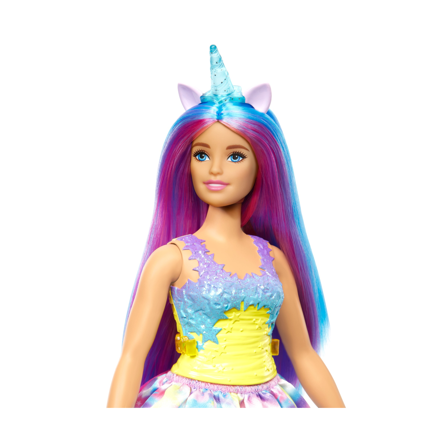 Barbie - dreamtopia unicorno bambola curvy, capelli blu e viola con gonna, coda e cerchietto da unicorno rimovibili, giocattolo per bambini, 3+ anni, hgr20 - Barbie