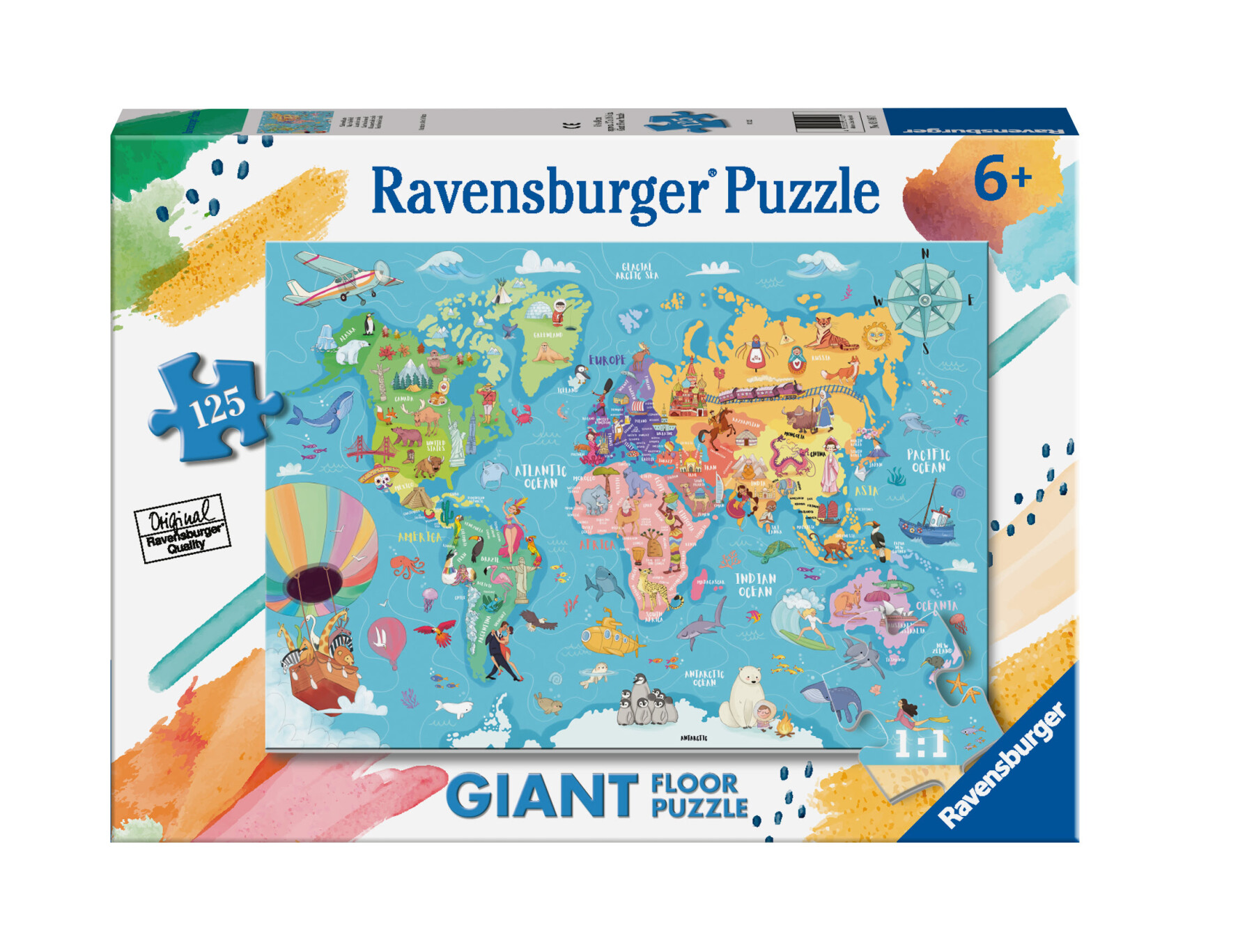 Ravensburger - puzzle mappa del mondo, collezione 125 giant pavimento, 125 pezzi, età raccomandata 6+ anni - RAVENSBURGER