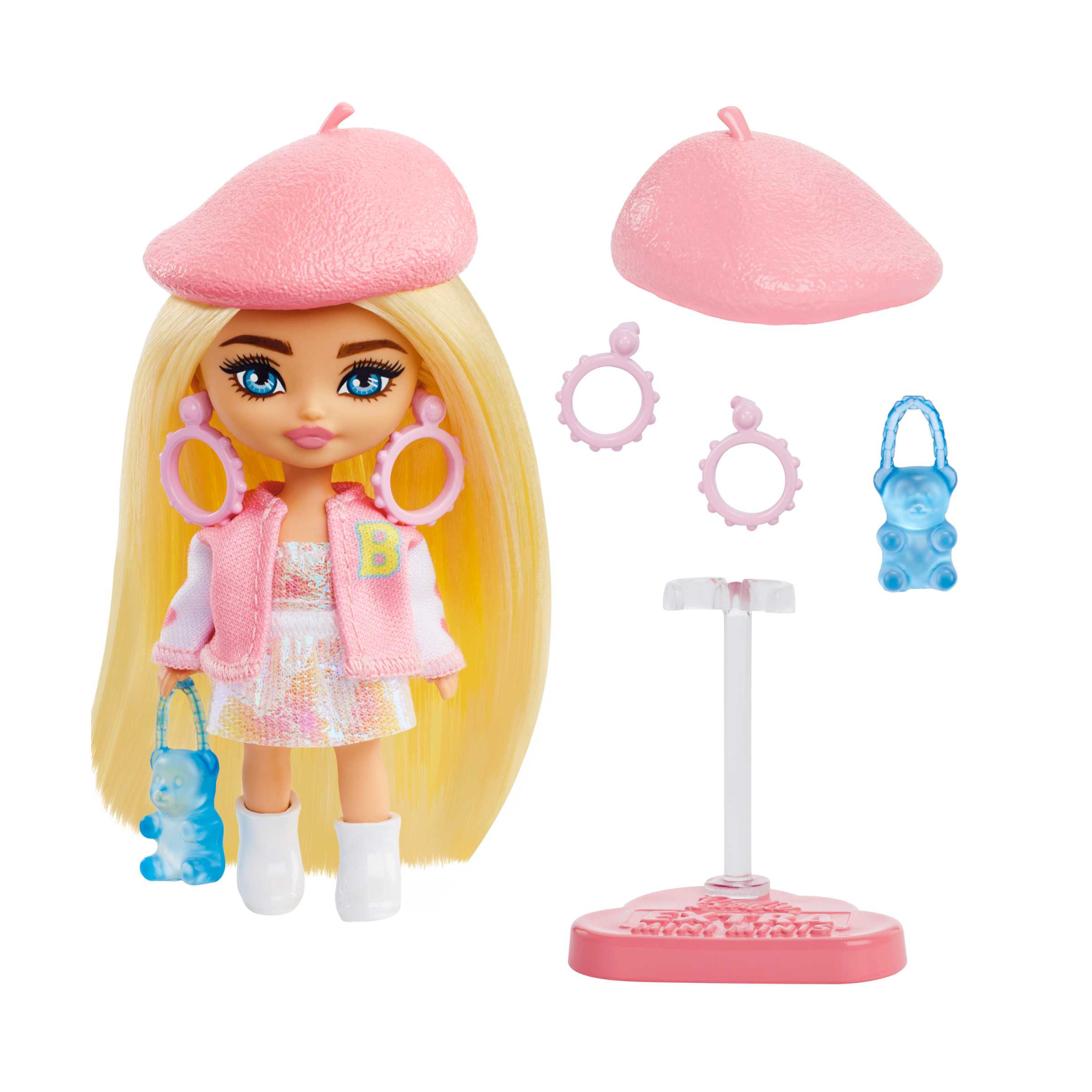 Barbie - barbie extra mini minis, bambola bionda con basco e giacca in stile college, borsetta a forma di orsacchiotto gommoso, abiti e accessori, giocattolo per bambini, 3+ anni, hln48 - Barbie