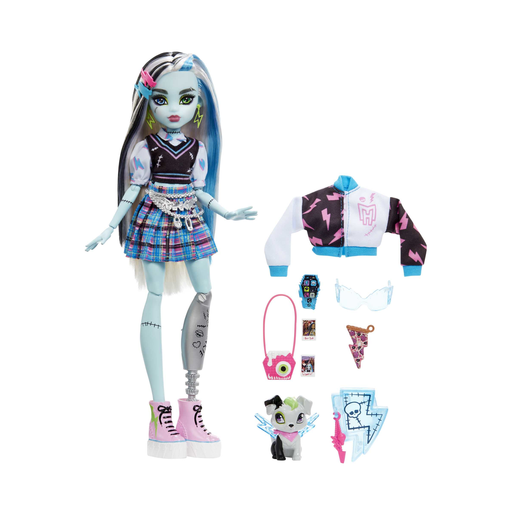 Monster high - frankie, bambola snodata alla moda, dai capelli con ciocche blu e nere, con accessori e cucciolo, giocattolo per bambini, 4+ anni, hhk53 - Monster High