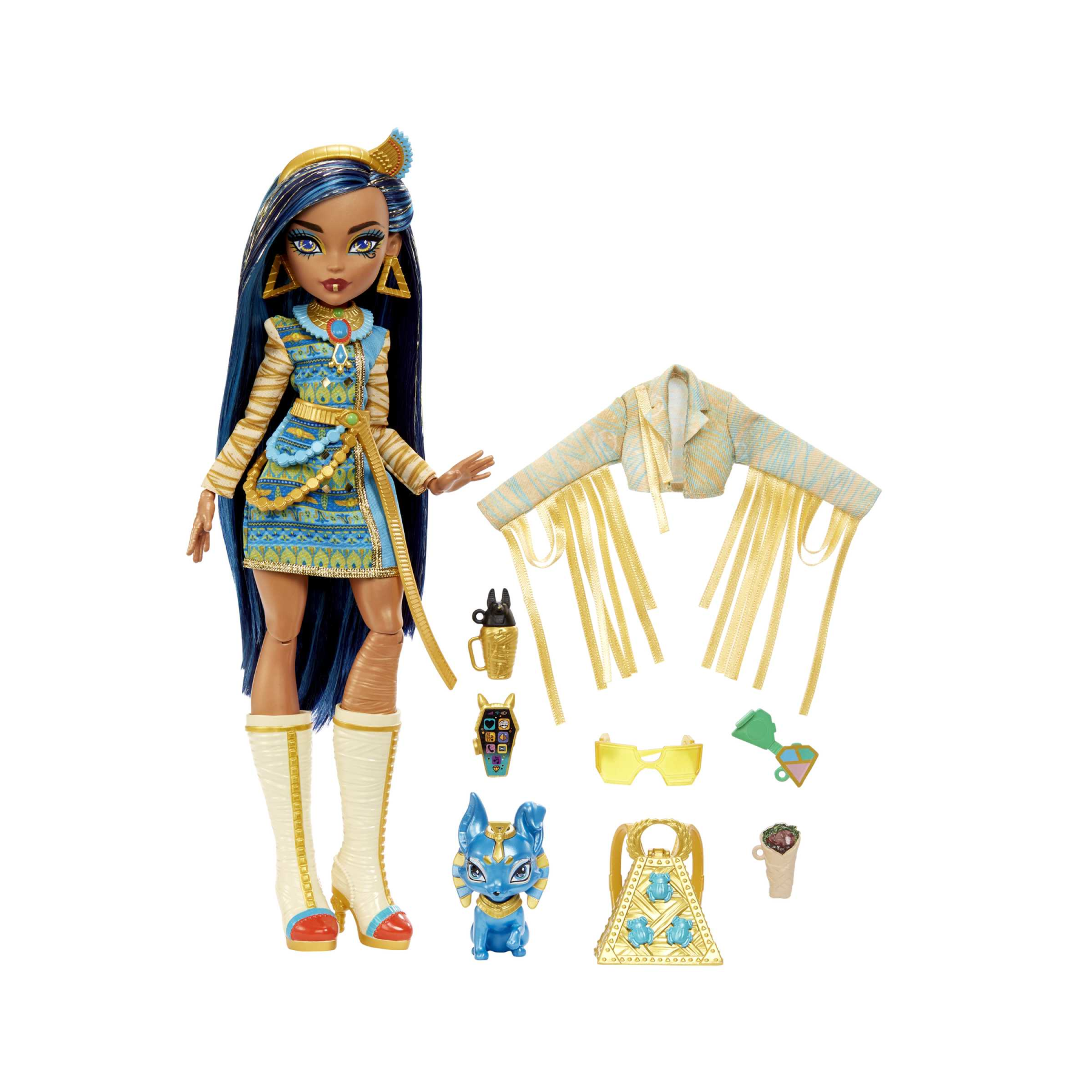 Monster high - cleo de nile, bambola snodata alla moda, dai capelli con ciocche blu, con accessori e cagnolino, giocattolo per bambini, 4+ anni, hhk54 - 