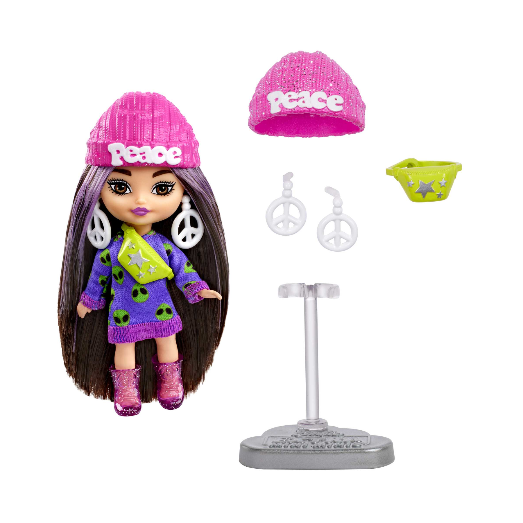 Barbie - barbie extra mini minis, bambola con capelli castani e abito di maglia con alieno, abiti e accessori con simbolo della pace, giocattolo per bambini, 3+ anni, hln46 - Barbie