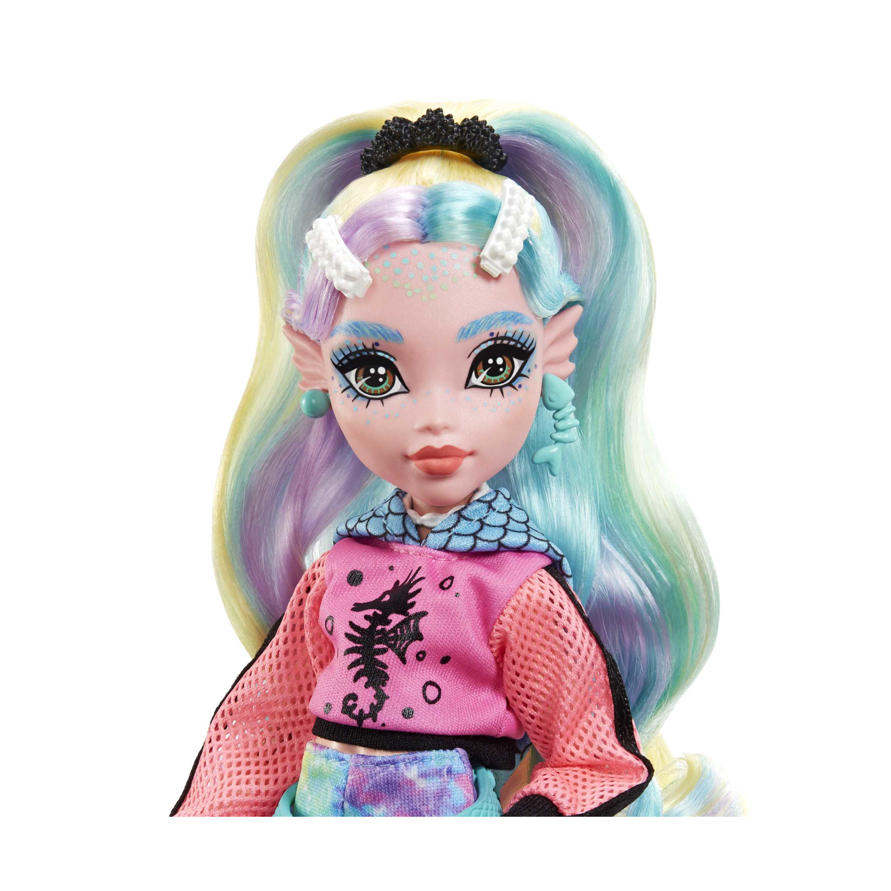 Monster high - lagoona blue, bambola snodata alla moda e capelli con ciocche colorate, con accessori e cucciolo di piranha, giocattolo per bambini, 4+ anni, hhk55 - Monster High