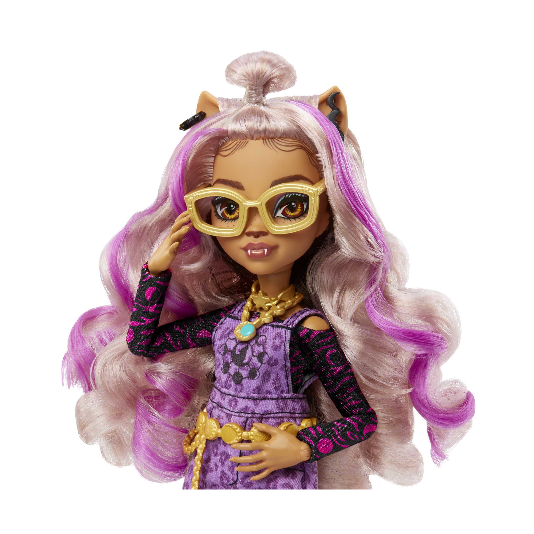 Monster high - clawdeen, bambola con accessori e gattino, snodata e alla moda con capelli con ciocche viola, giocattolo per bambini, 4+ anni, hhk52 - Monster High