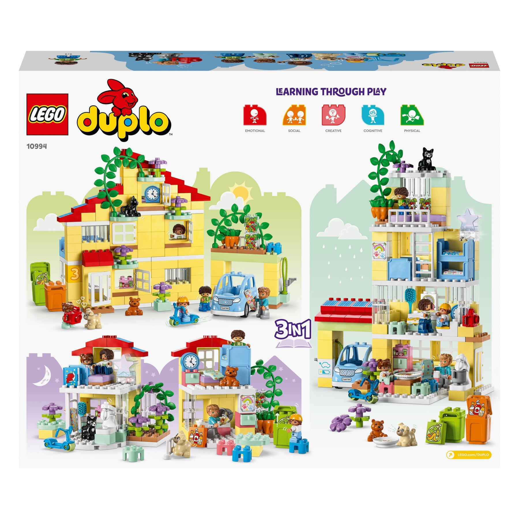 Lego duplo 10994 casetta 3 in 1, casa delle bambole, auto push-and-go, 7 figure e mattoncino luminoso per bambini da 3+ anni - LEGO DUPLO
