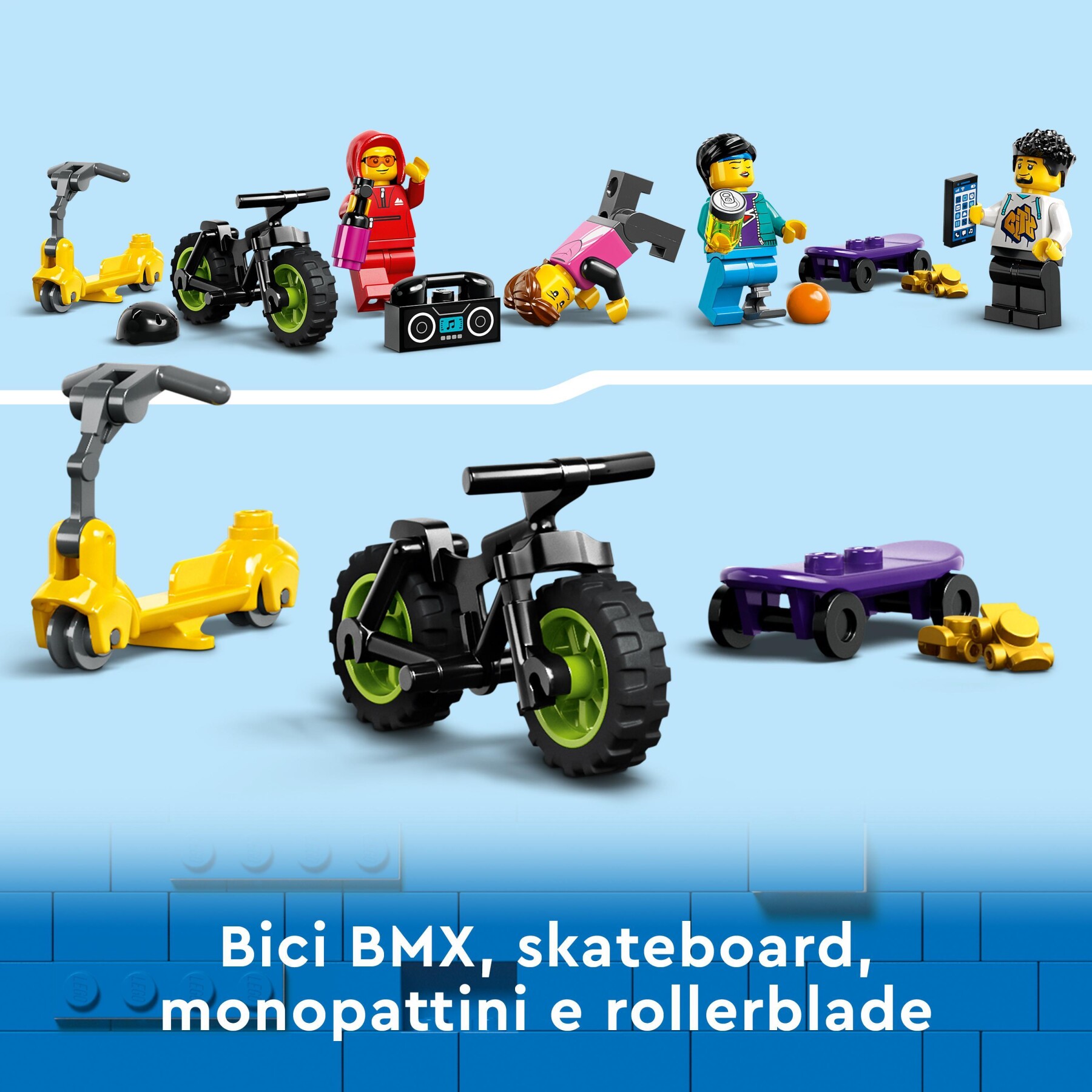 Lego city 60364 skate park urbano, gioco per bambini 6+ con bmx, skateboard, monopattino, rollerblade e 4 minifigure, set 2023 - LEGO CITY