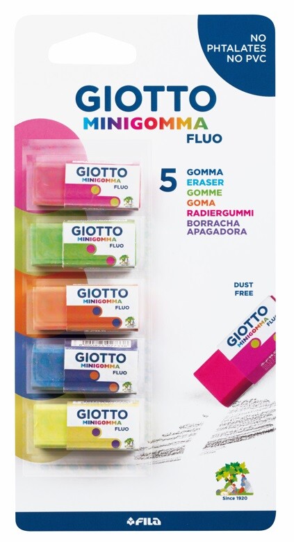 Giotto mini gomma fluo - confezione 5 minigomme colori fluo - GIOTTO