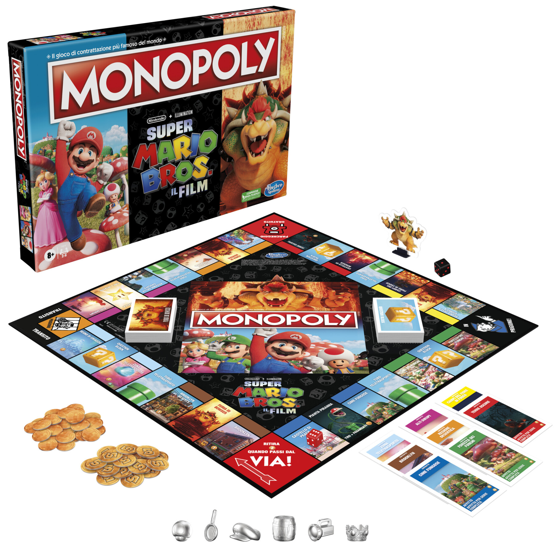 Monopoly the super mario bros. movie edition, gioco da tavolo per bambini e bambine, contiene la pedina di bowser, giochi per famiglie - MONOPOLY, Super Mario