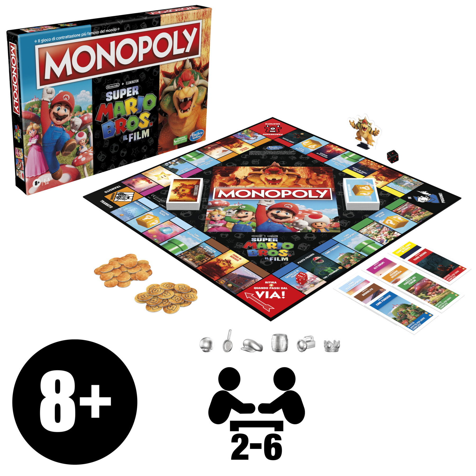 Monopoly the super mario bros. movie edition, gioco da tavolo per bambini e bambine, contiene la pedina di bowser, giochi per famiglie - MONOPOLY, Super Mario