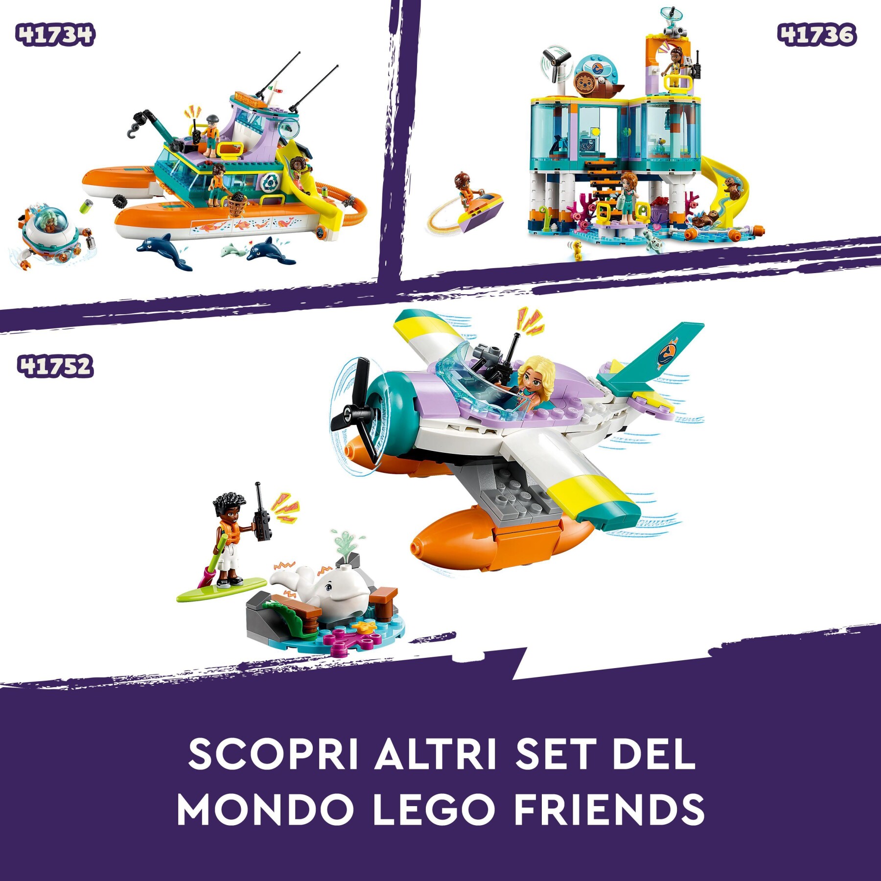 Lego friends 41752 idrovolante di salvataggio, aereo giocattolo soccorso animali con balena e mini bamboline per bambini 6+ - LEGO FRIENDS