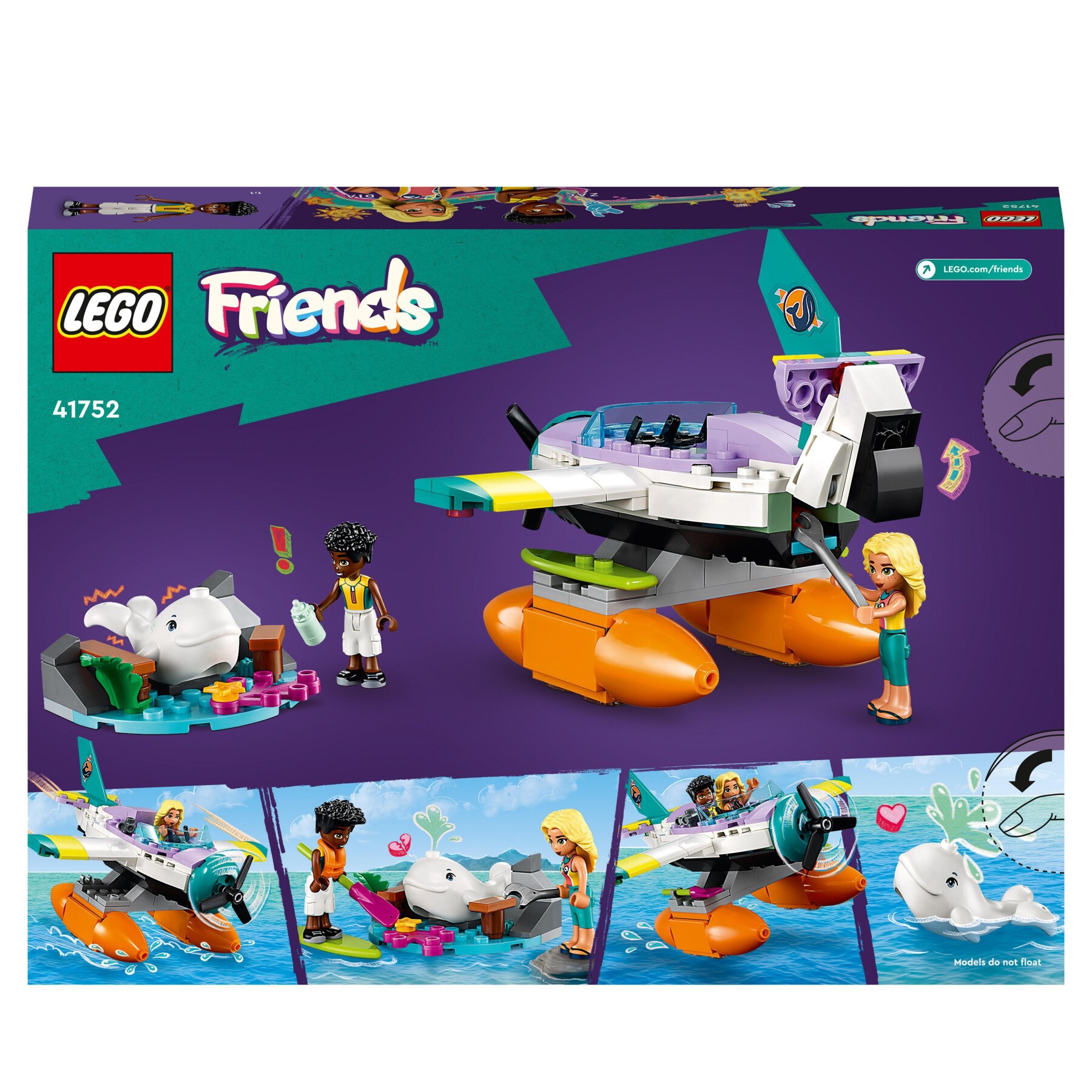 Lego friends 41752 idrovolante di salvataggio, aereo giocattolo soccorso animali con balena e mini bamboline per bambini 6+ - LEGO FRIENDS