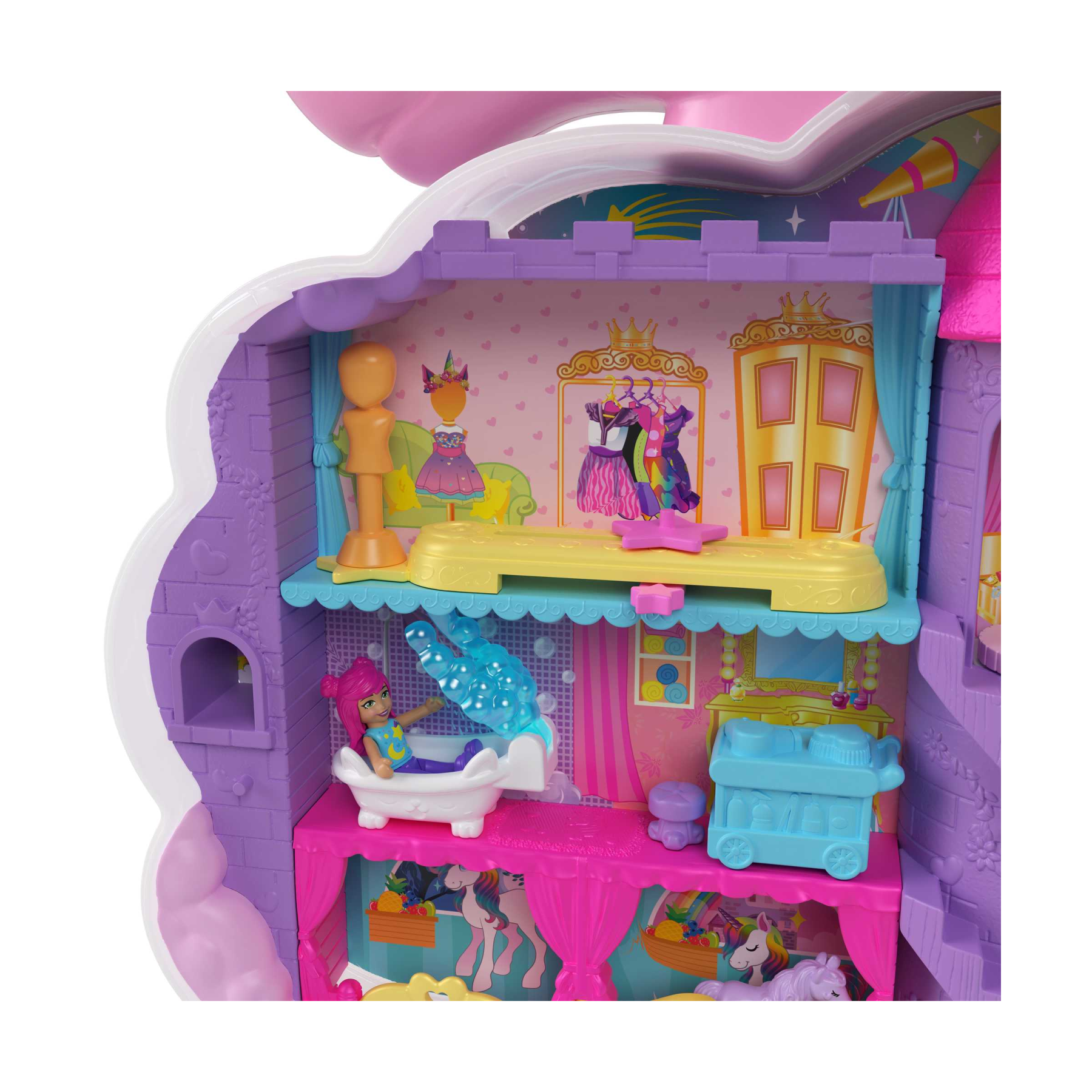 Polly pocket - salone di bellezza unicorno arcobaleno, playset con unicorno arcobaleno dalla testa pettinabile, 2 micro bambole e 20+ accessori, giocattolo per bambini, 4+ anni, hkv51 - Polly Pocket