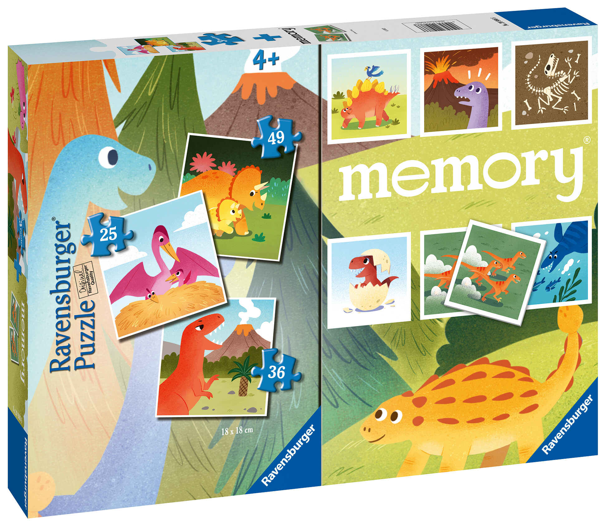 Ravensburger - dinosauri, memory® 48 carte + 3 puzzle bambino da 25/36/49 pezzi, 4+ anni bambino da 25/36/49 pezzi, 4+ anni  - RAVENSBURGER