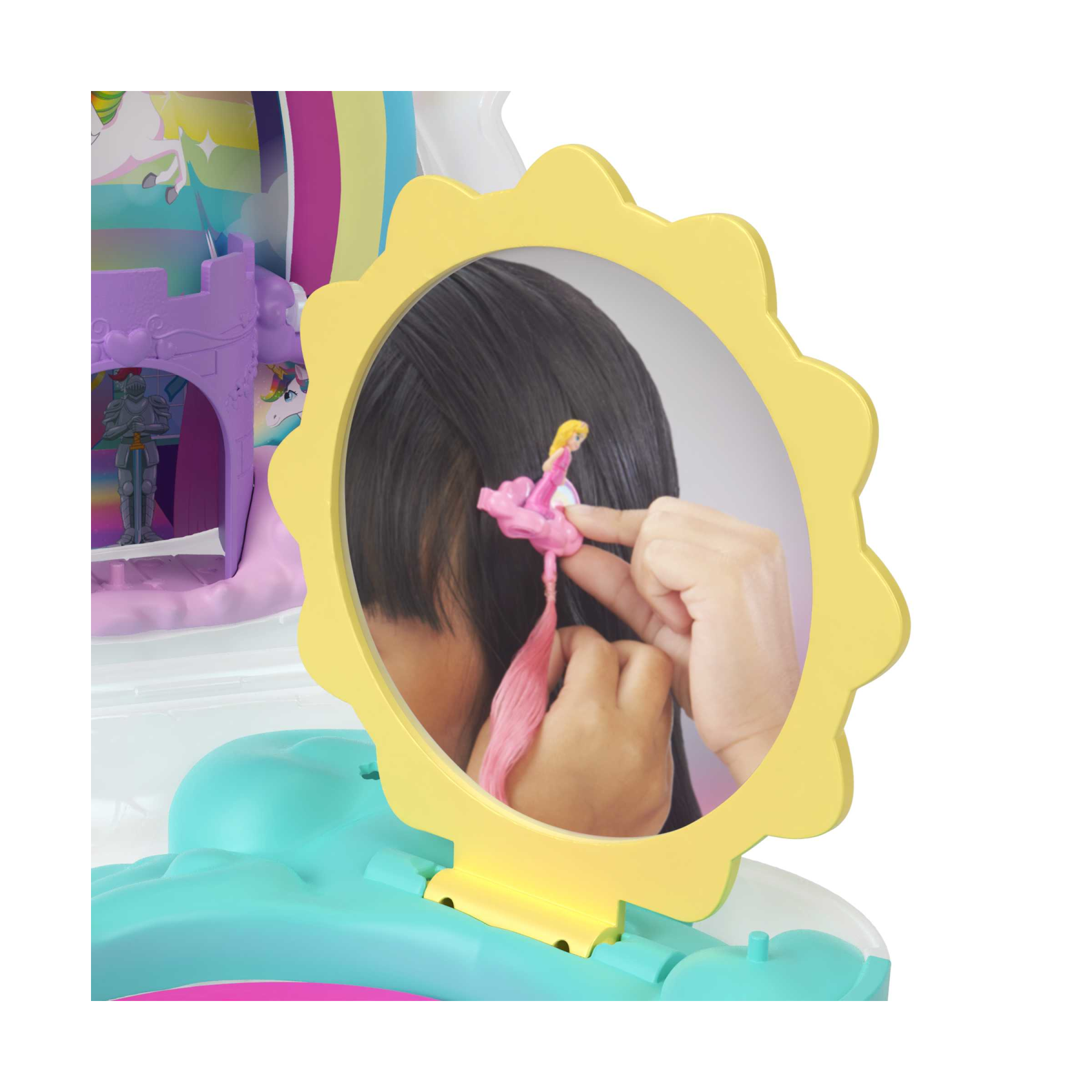 Polly pocket - salone di bellezza unicorno arcobaleno, playset con unicorno arcobaleno dalla testa pettinabile, 2 micro bambole e 20+ accessori, giocattolo per bambini, 4+ anni, hkv51 - Polly Pocket