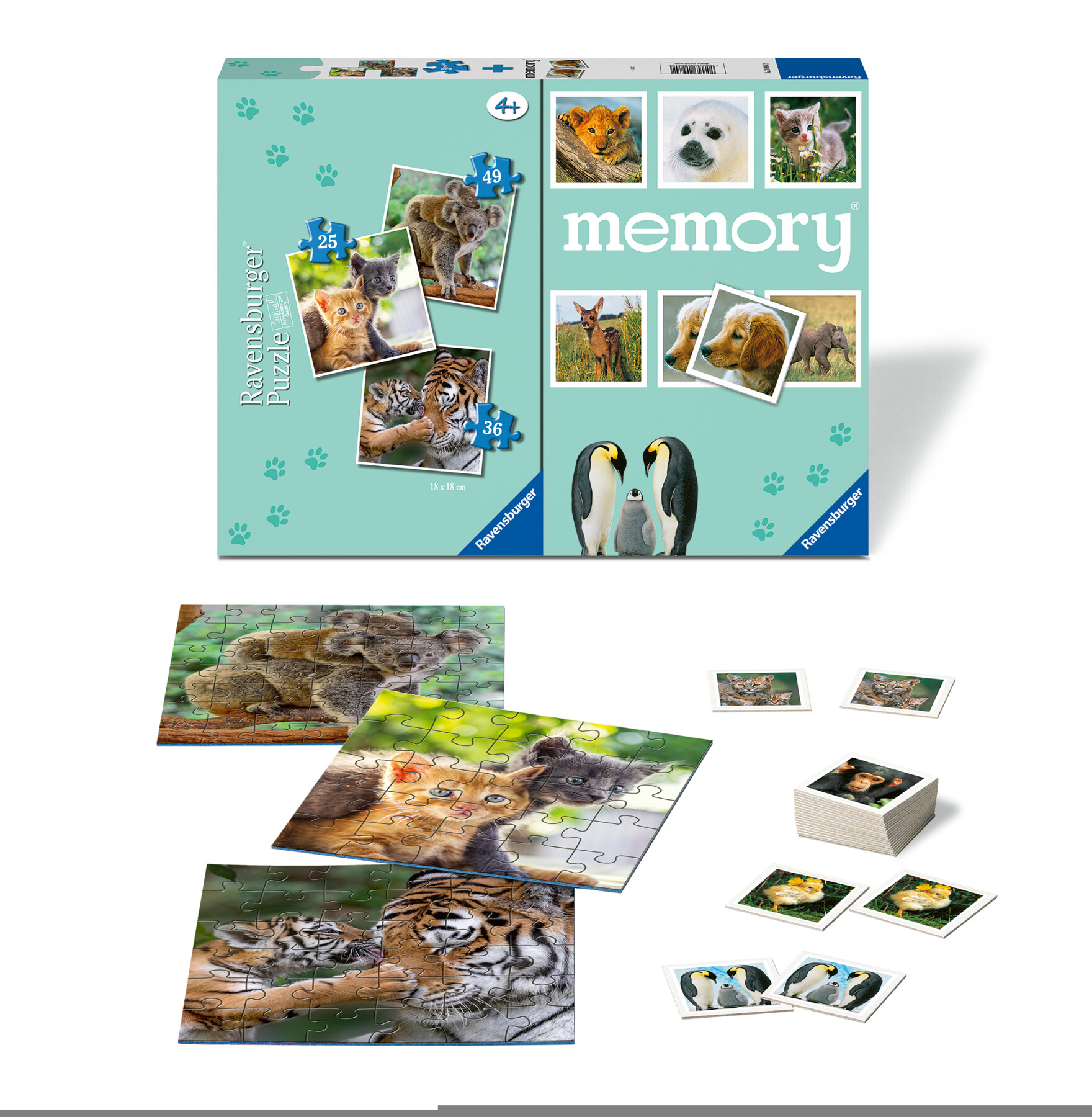 Ravensburger - cuccioli, memory® 48 carte + 3 puzzle bambino da 25/36/49 pezzi, 4+ anni bambino da 25/36/49 pezzi, 4+ anni  - RAVENSBURGER