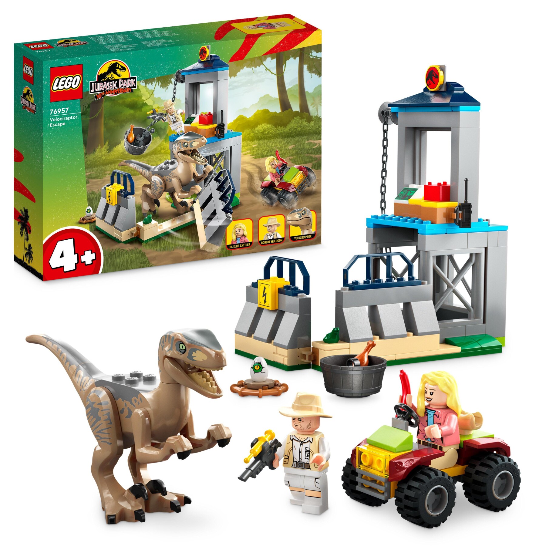 Lego jurassic park 76957 la fuga del velociraptor, dinosauro giocattolo per bambini 4+ anni con dino, fuoristrada e 2 minifigure - Jurassic World, LEGO JURASSIC PARK/W