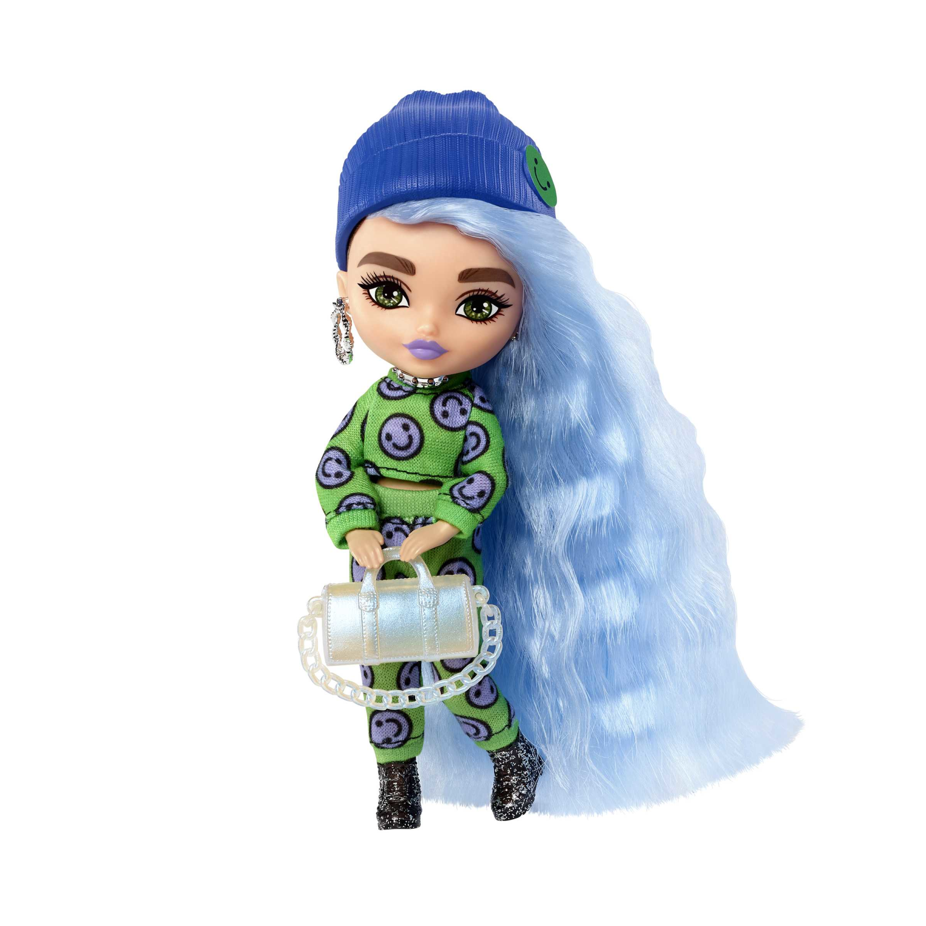 Barbie - barbie extra minis, bambola alta 14 cm con completo 2 pezzi con emoji, capelli blu extra lunghi e accessori, occhiali da sole, borsetta e piedistallo, giocattolo, 3+ anni, hgp65 - Barbie