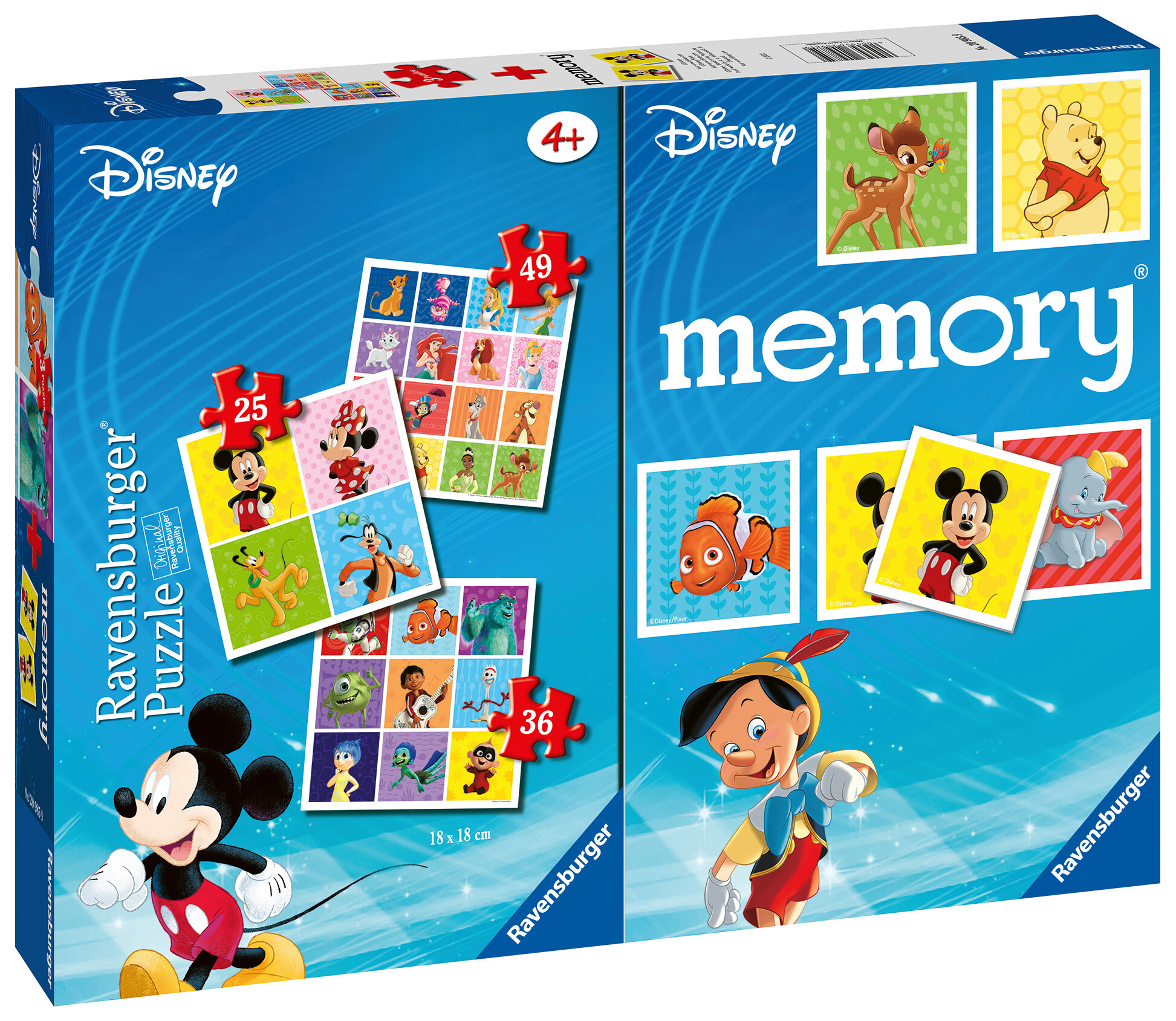 Ravensburger - disney, memory® 48 carte + 3 puzzle bambino da 25/36/49 pezzi,  4+ anni bambino da 25/36/49 pezzi, 4+ anni - Toys Center