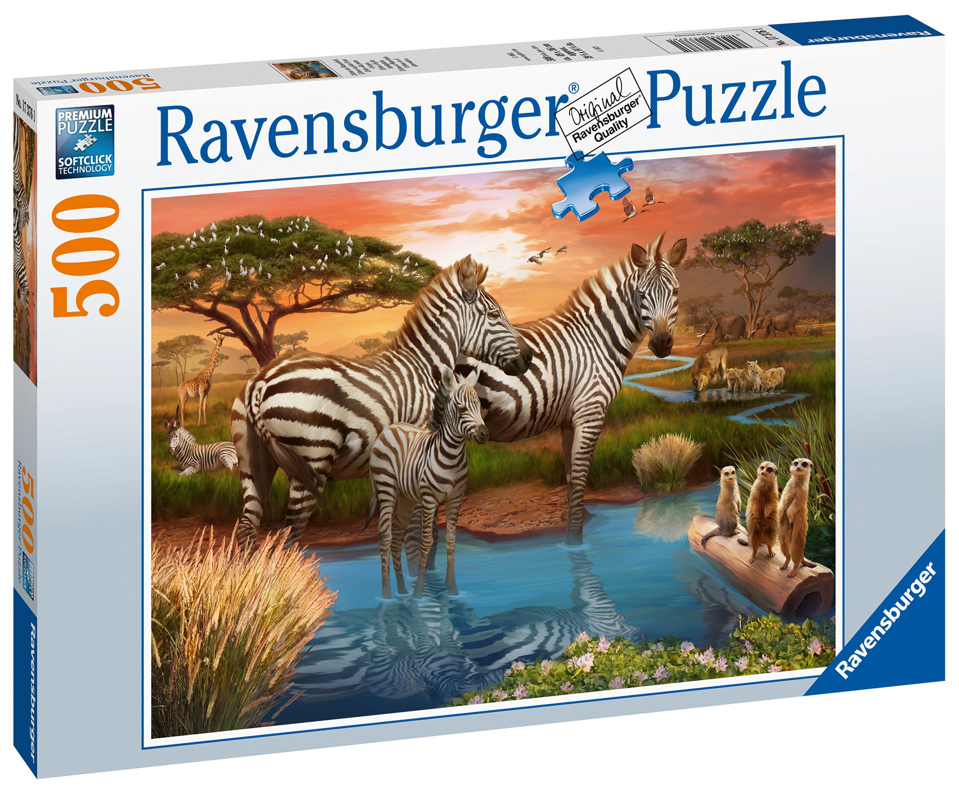 Ravensburger - puzzle zebre alla pozza d'acqua, 500 pezzi, puzzle
