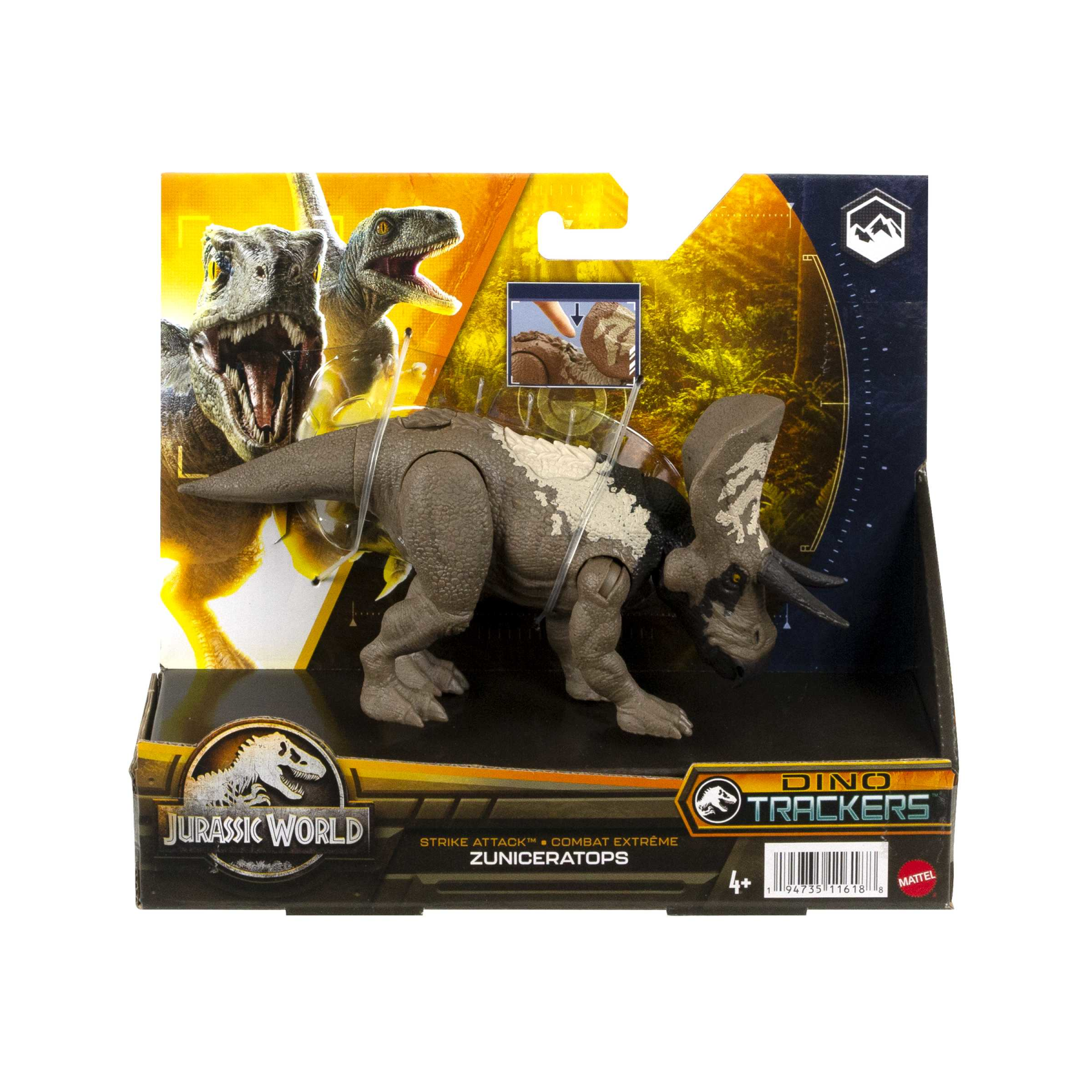 Jurassic world attacco fatale - zuniceratopo, dinosauro con articolazioni mobili e azione d'attacco specifica, giocattolo per bambini, 4+ anni, hln66 - Jurassic World