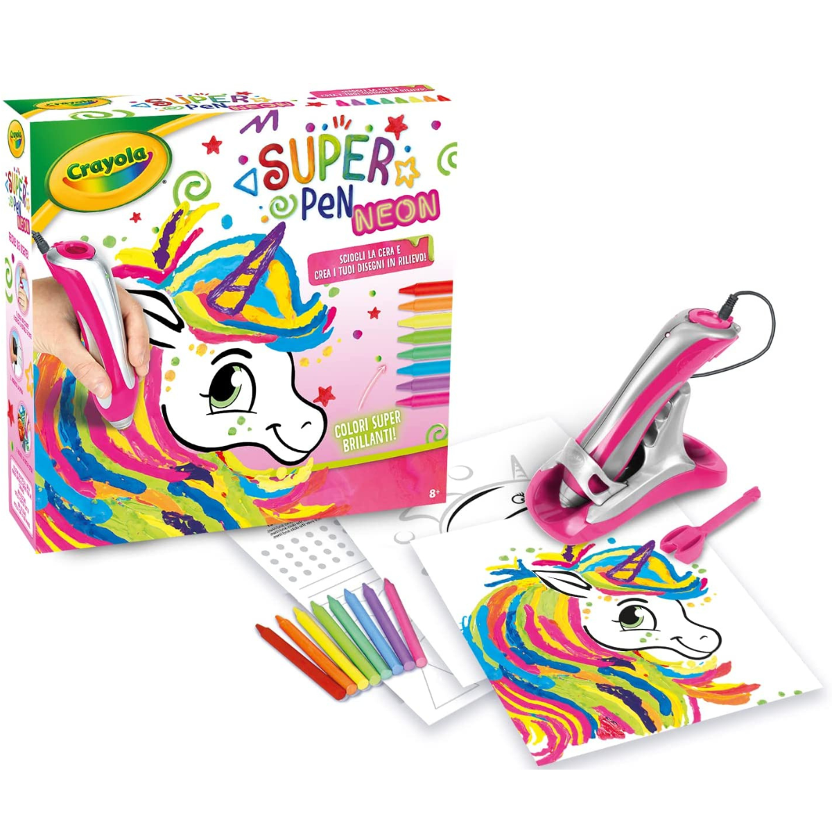 Crayola - super pen unicorno neon, gioco per sciogliere i pastelli a cera e  creare disegni in rilievo, attività creativa e regalo per bambini, età 8+ -  Toys Center