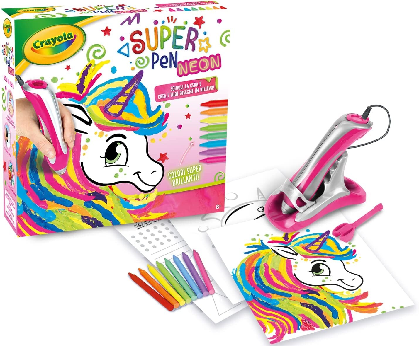 Crayola - super pen unicorno neon, gioco per sciogliere i pastelli a cera e creare disegni in rilievo, attività creativa e regalo per bambini, età 8+ - CRAYOLA