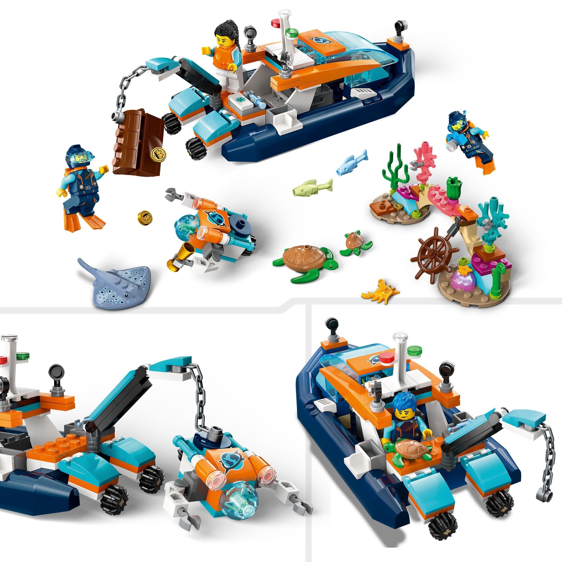 Lego city 60377 batiscafo artico, barca giocattolo con mini-sottomarino e animali marini: squalo, granchio, tartaruga e manta - LEGO CITY