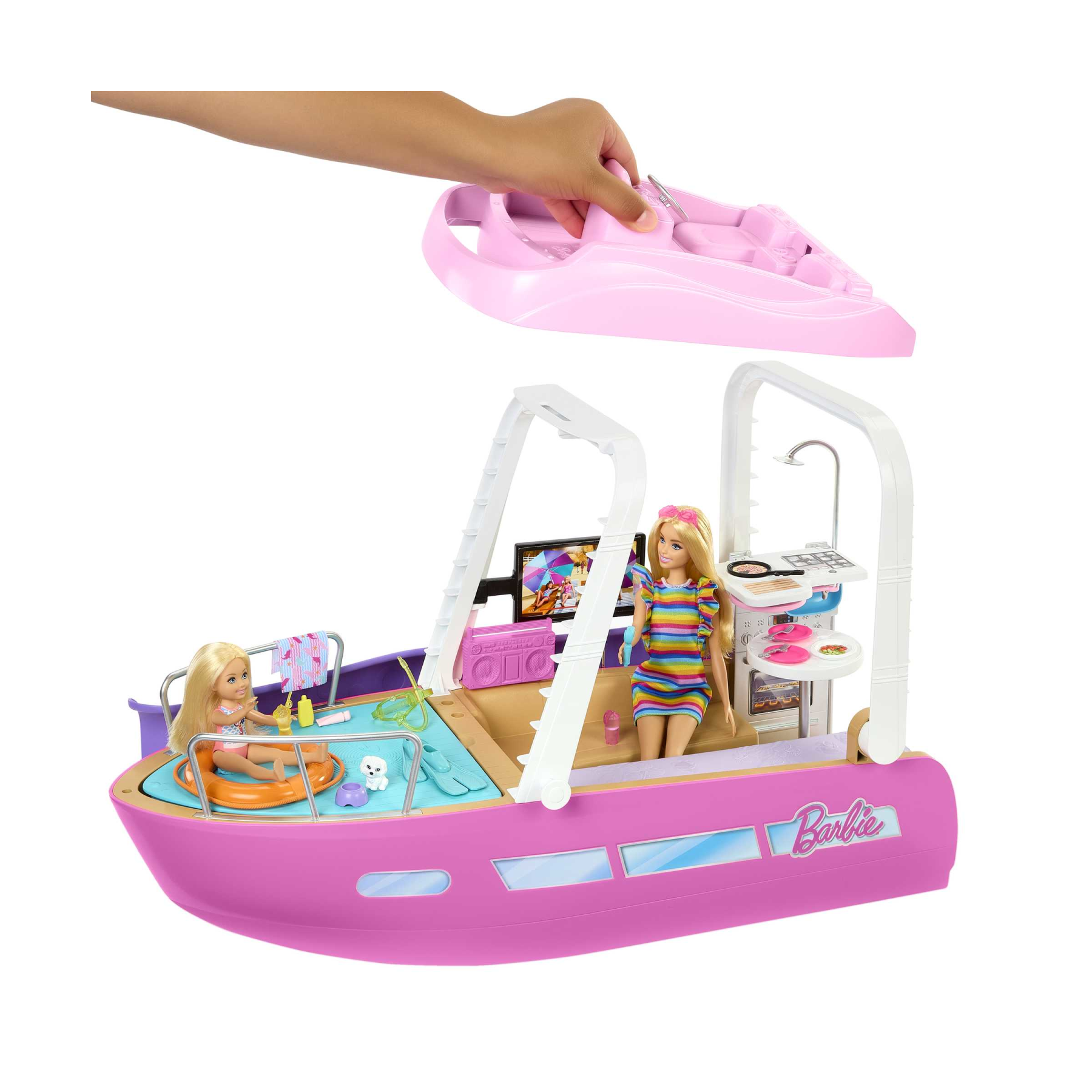Barbie - barca dei sogni, playset con piscina, scivolo, un delfino