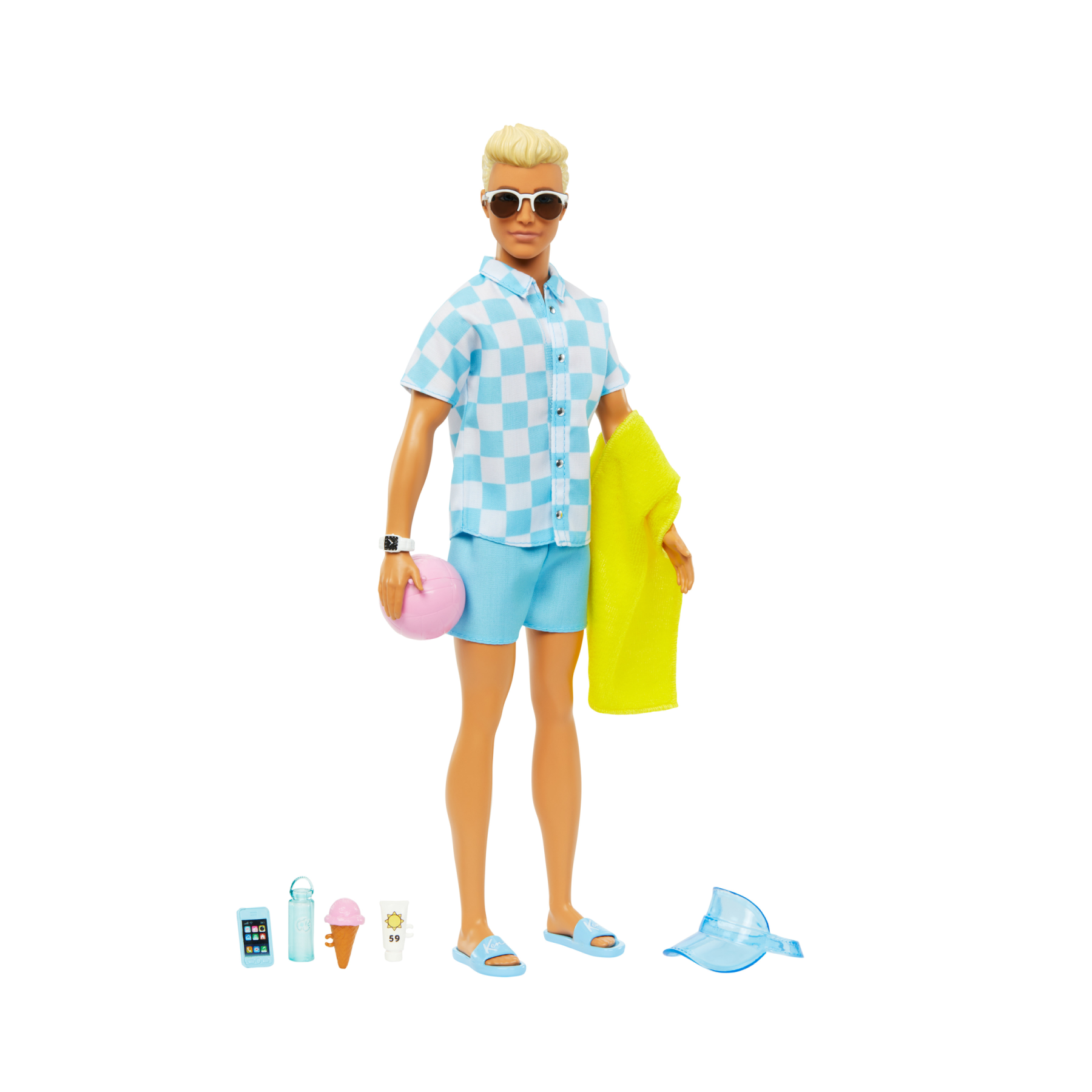 Barbie - ken biondo con costume da bagno azzurro e camicia blu, visiera, telo mare, sandali con logo ken e tanti accessori da spiaggia, 3+ anni, hpl74 - Barbie